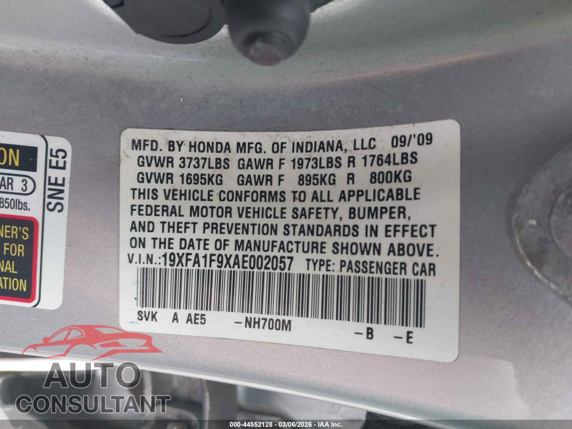 HONDA CIVIC 2010 - 19XFA1F9XAE002057