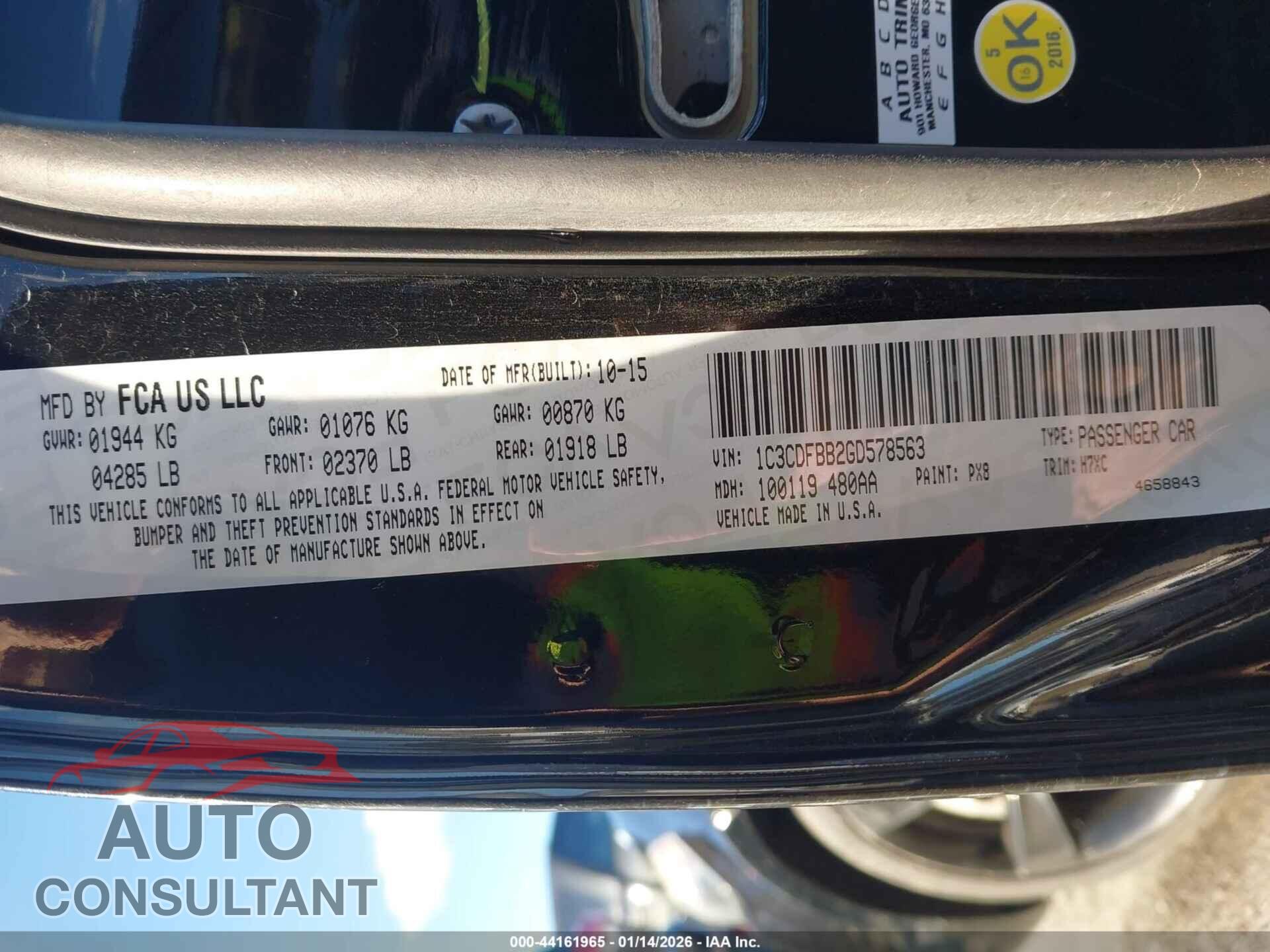 DODGE DART 2016 - 1C3CDFBB2GD578563