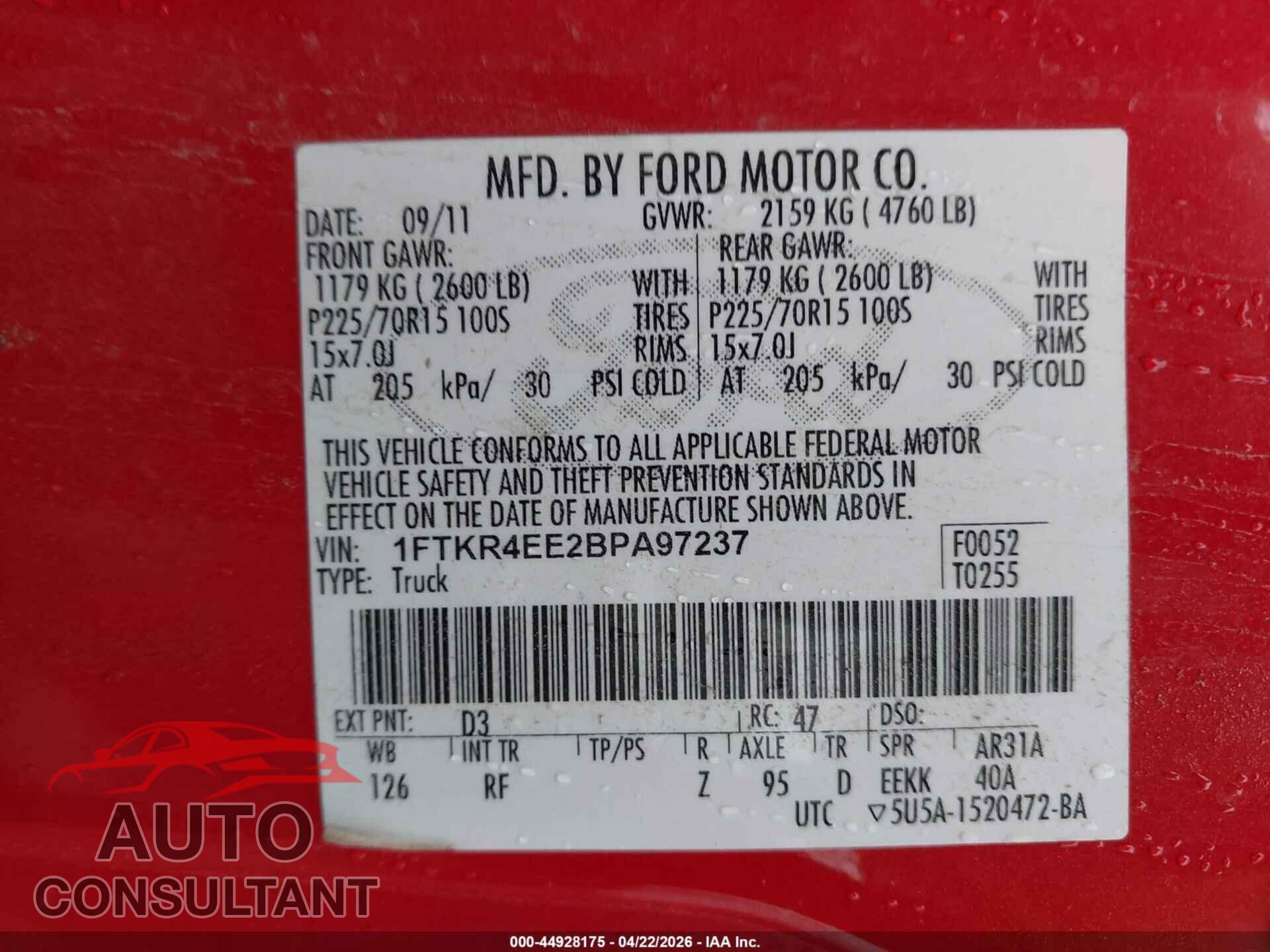 FORD RANGER 2011 - 1FTKR4EE2BPA97237