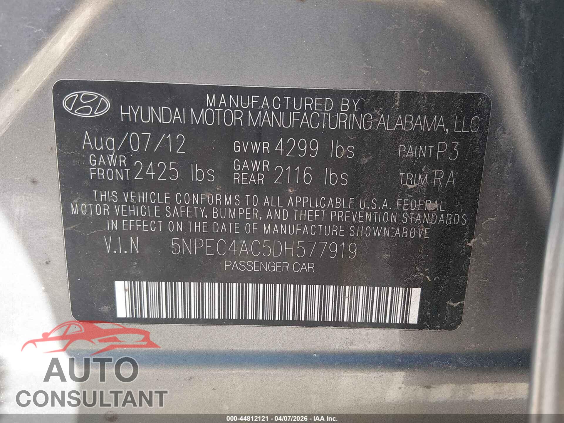 HYUNDAI SONATA 2013 - 5NPEC4AC5DH577919