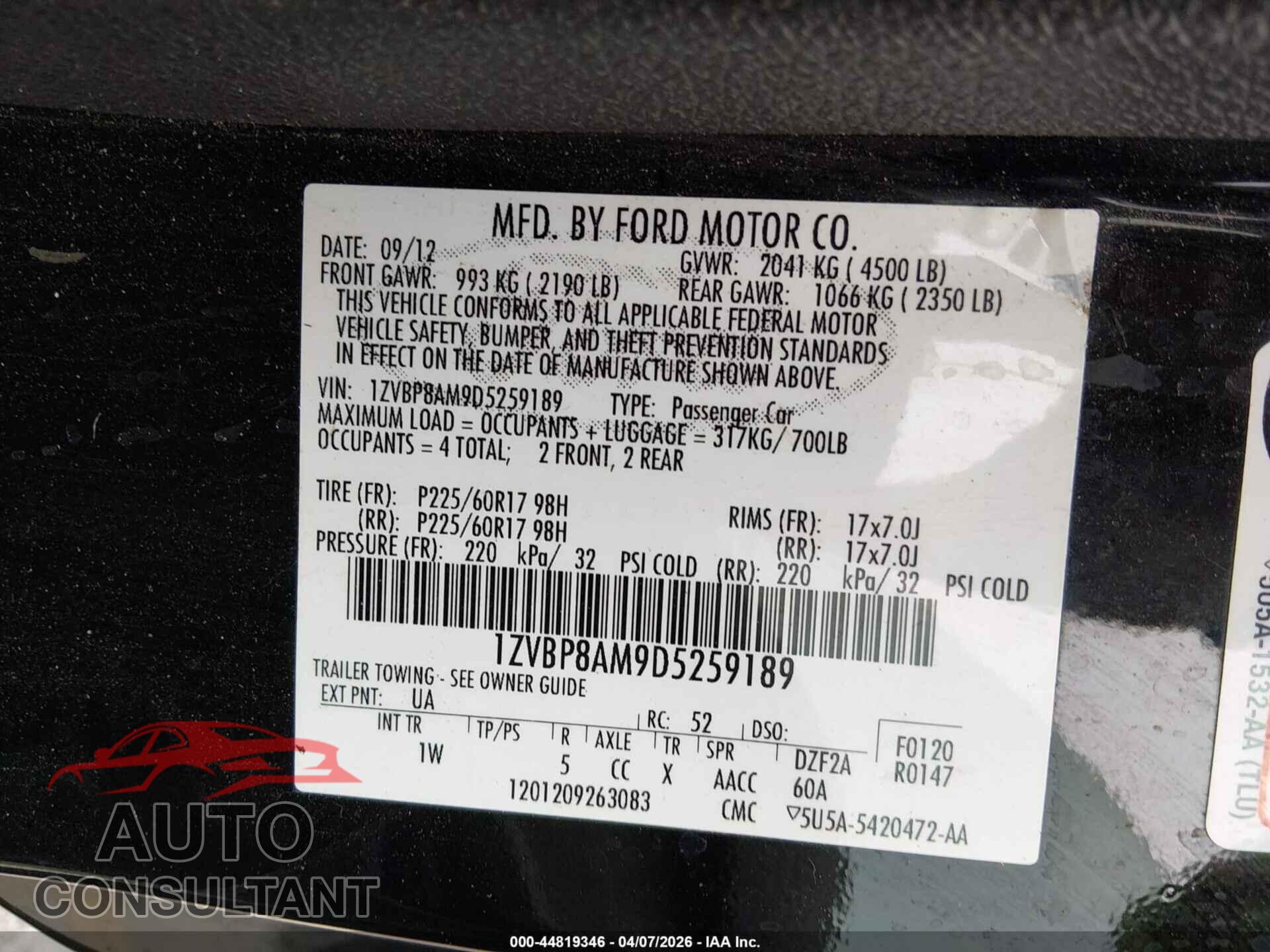FORD MUSTANG 2013 - 1ZVBP8AM9D5259189