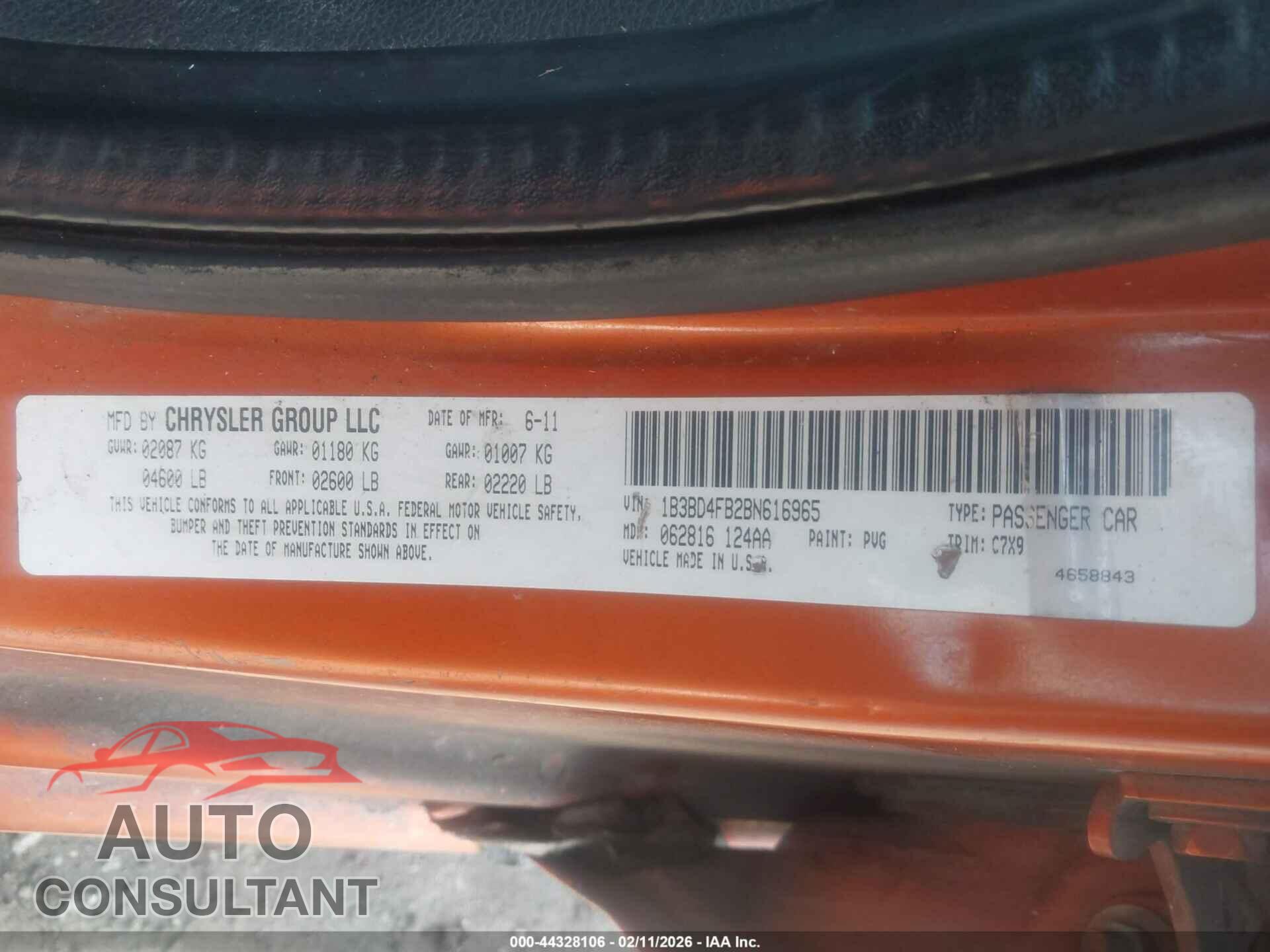 DODGE AVENGER 2011 - 1B3BD4FB2BN616965