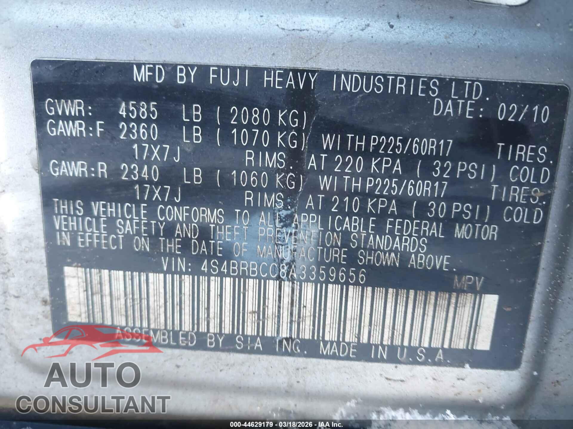 SUBARU OUTBACK 2010 - 4S4BRBCC8A3359656