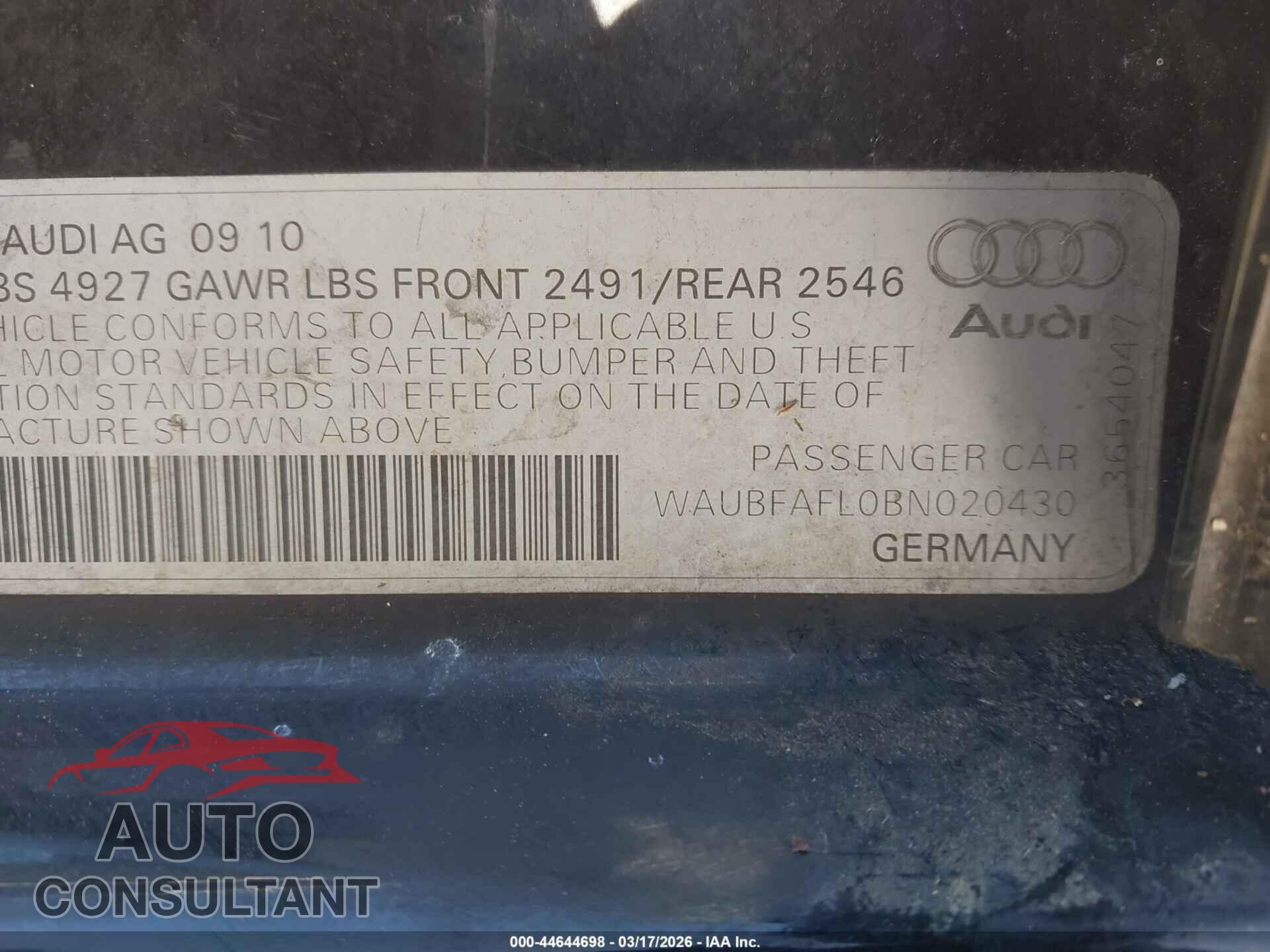 AUDI A4 2011 - WAUBFAFL0BN020430