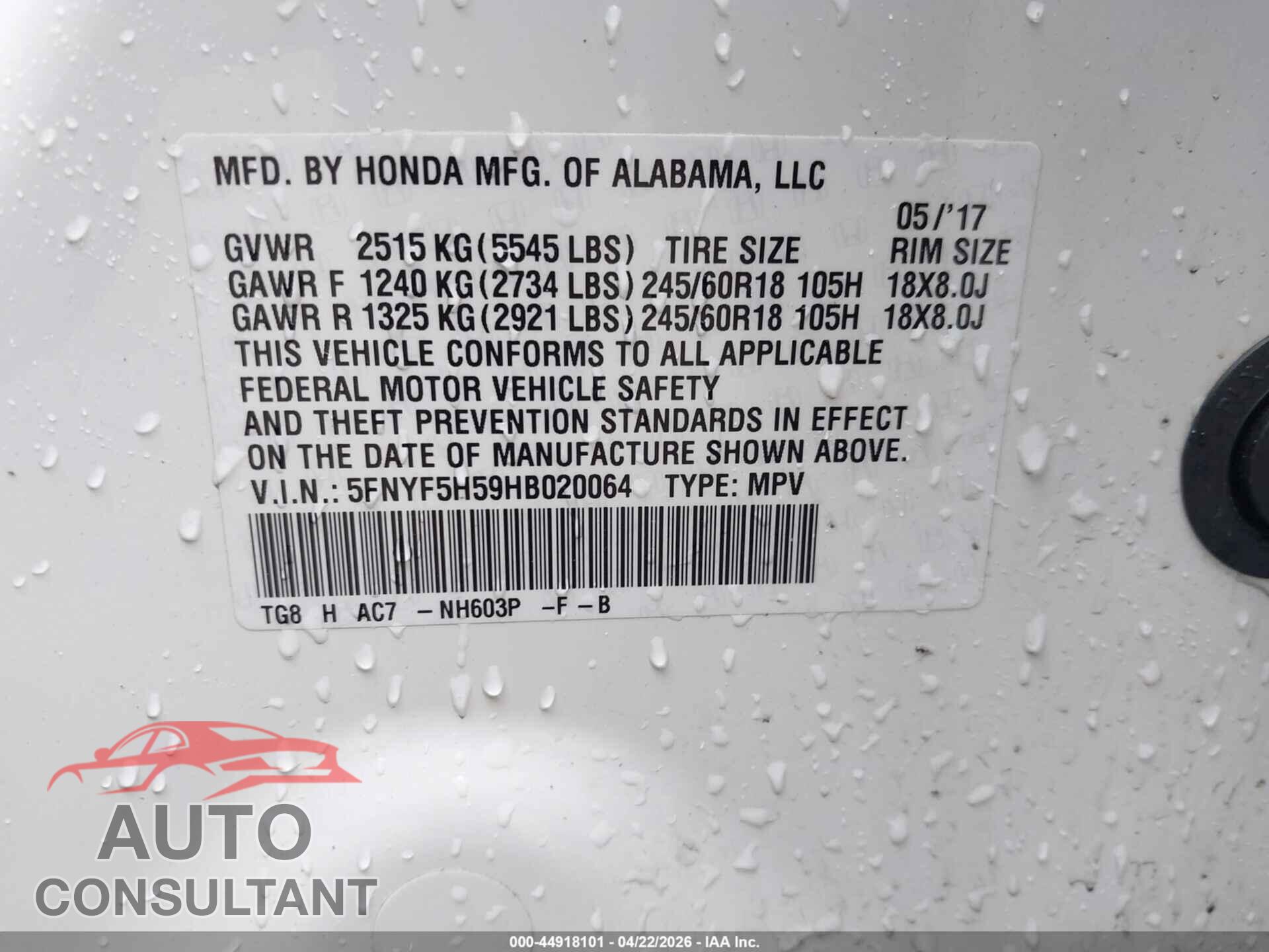 HONDA PILOT 2017 - 5FNYF5H59HB020064