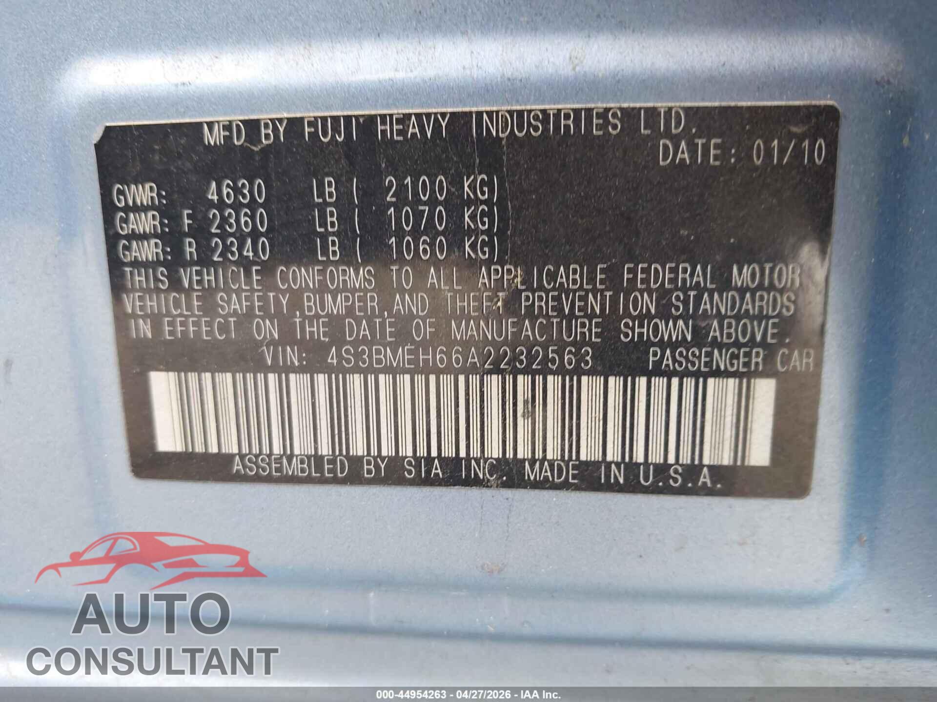SUBARU LEGACY 2010 - 4S3BMEH66A2232563
