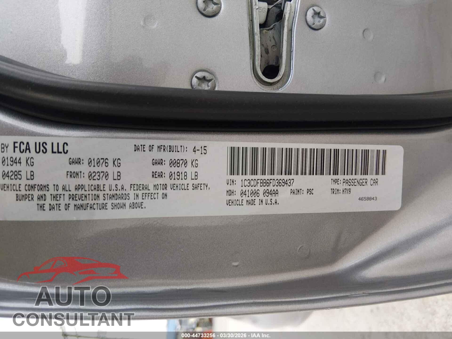 DODGE DART 2015 - 1C3CDFBB6FD369437