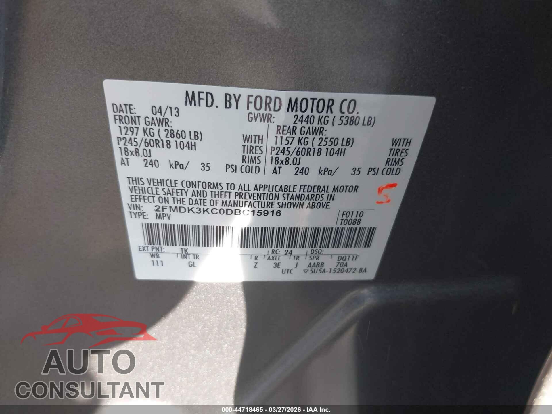 FORD EDGE 2013 - 2FMDK3KC0DBC15916