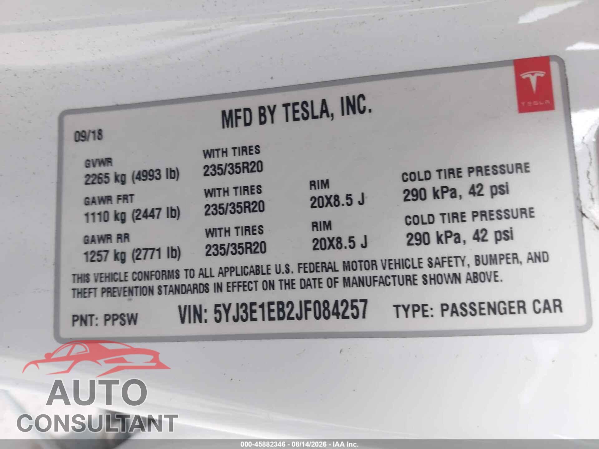 TESLA MODEL 3 2018 - 5YJ3E1EB2JF084257