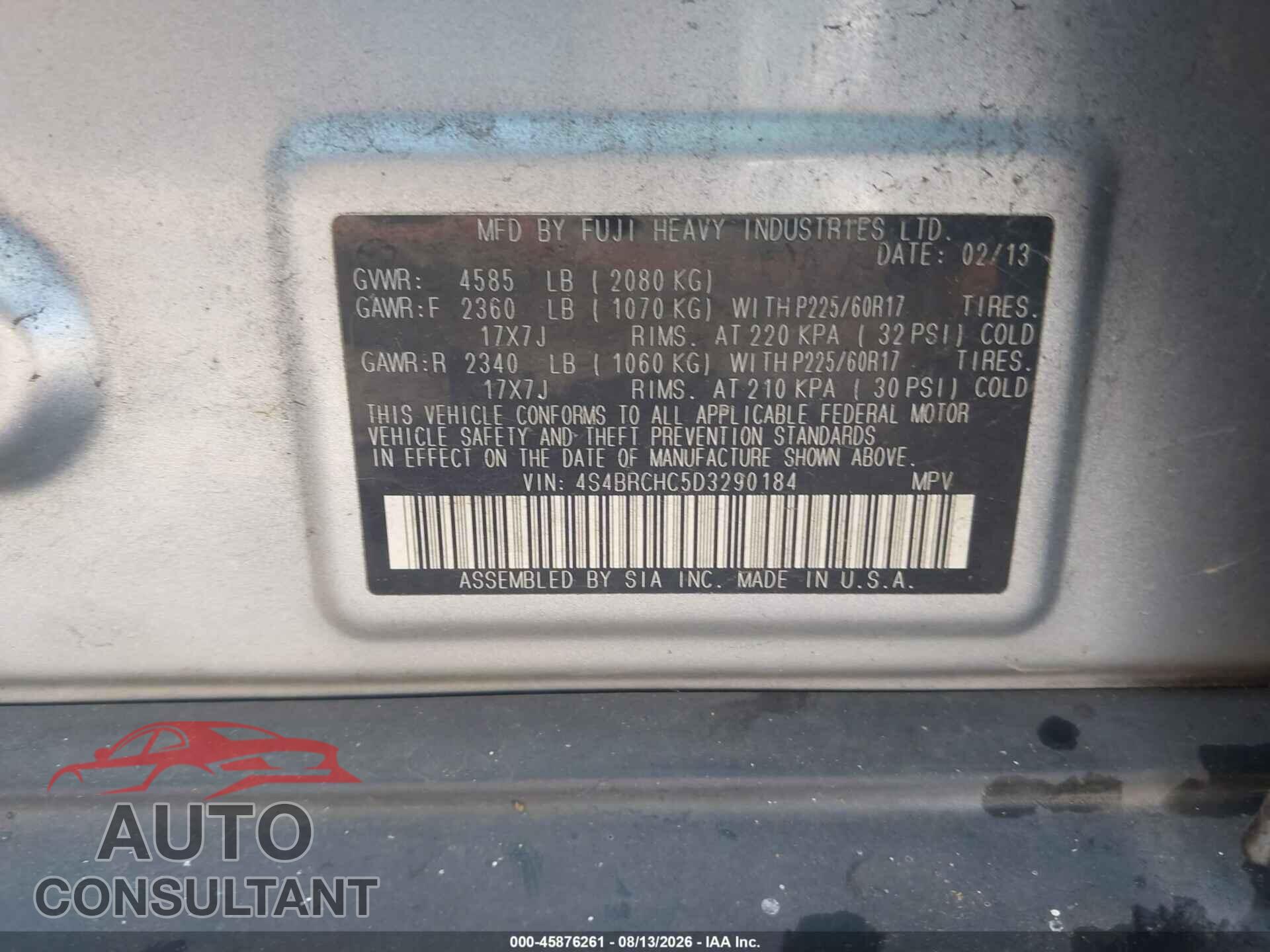 SUBARU OUTBACK 2013 - 4S4BRCHC5D3290184