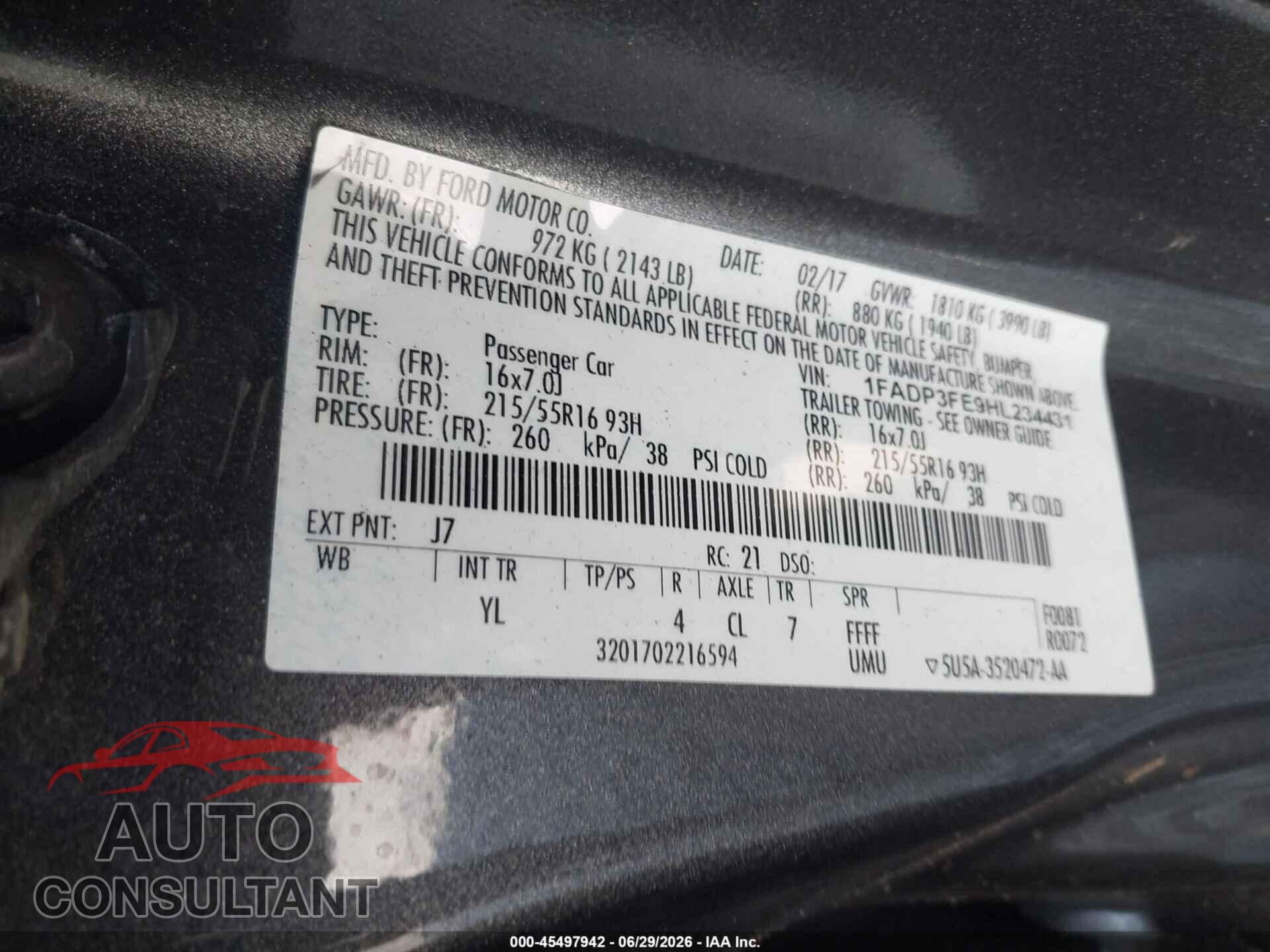 FORD FOCUS 2017 - 1FADP3FE9HL234431