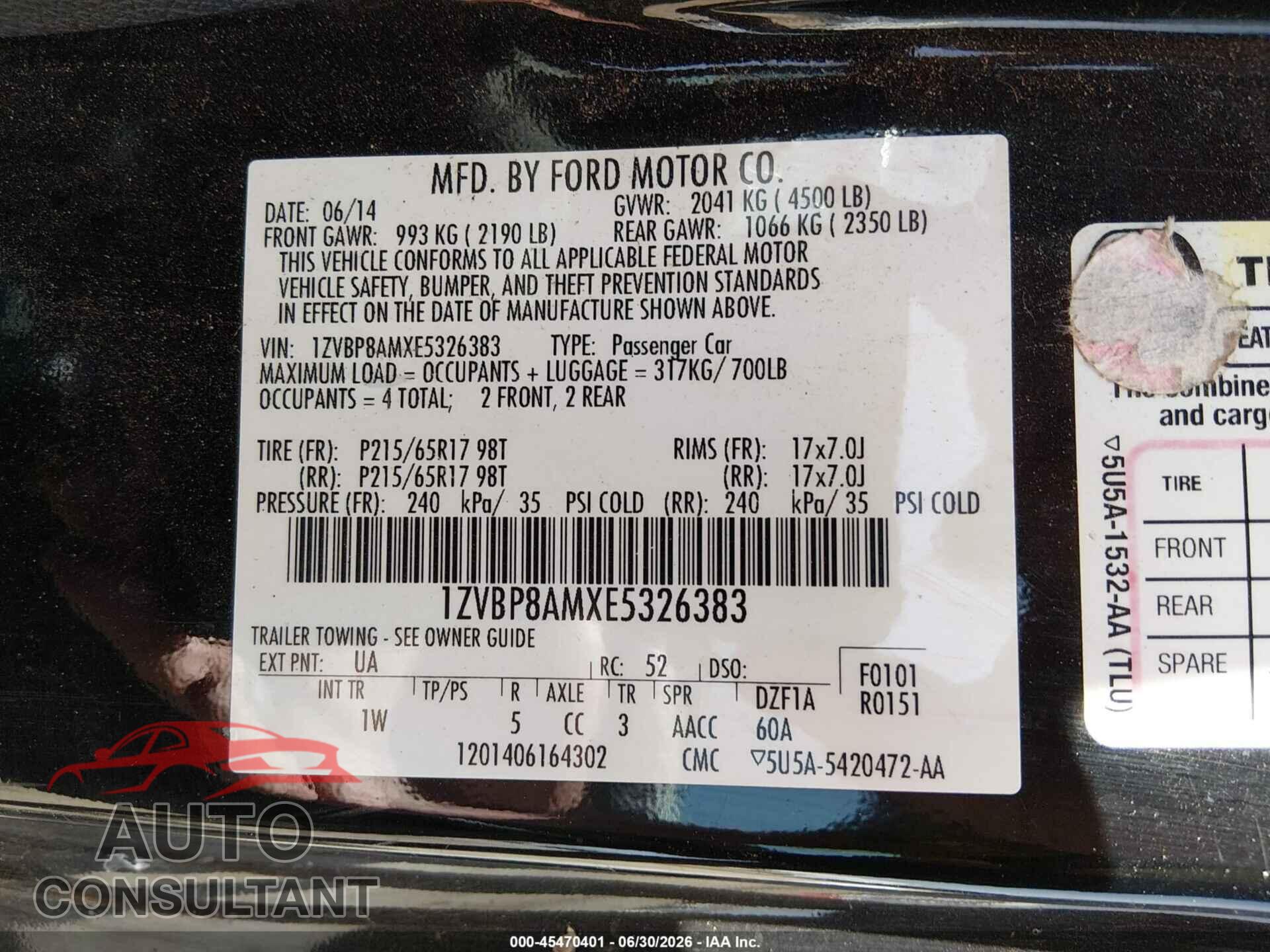 FORD MUSTANG 2014 - 1ZVBP8AMXE5326383