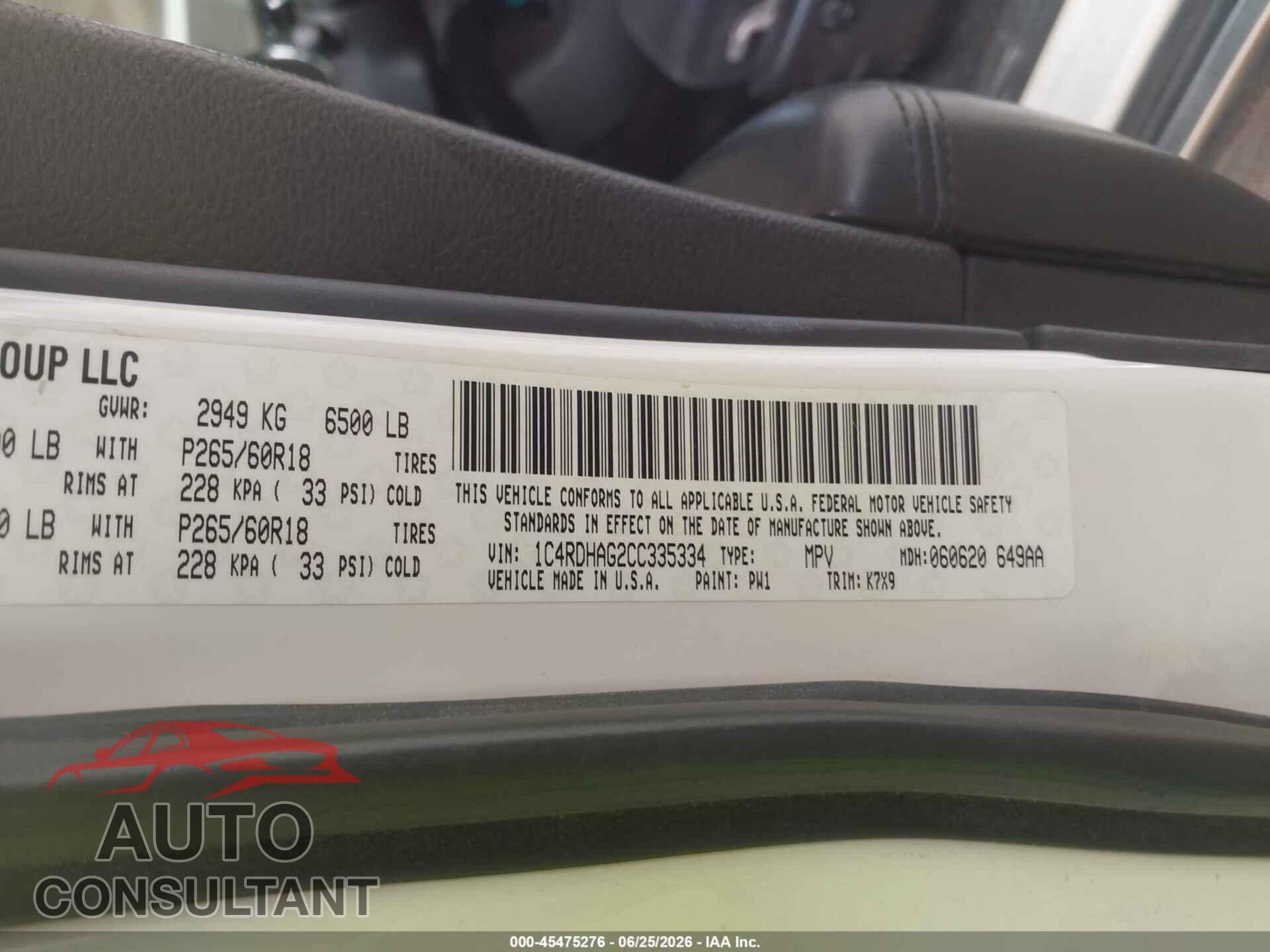 DODGE DURANGO 2012 - 1C4RDHAG2CC335334