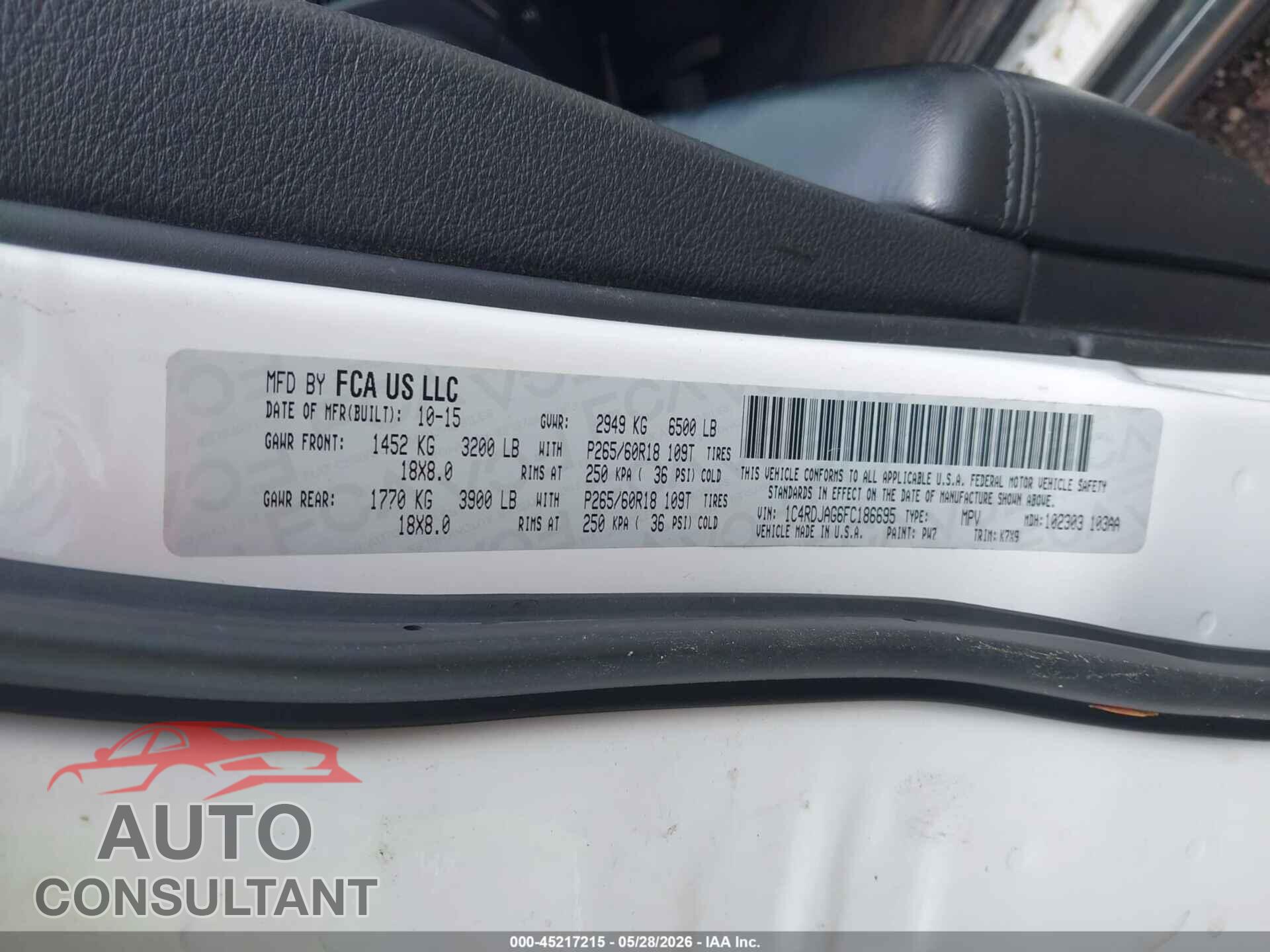 DODGE DURANGO 2015 - 1C4RDJAG6FC186695