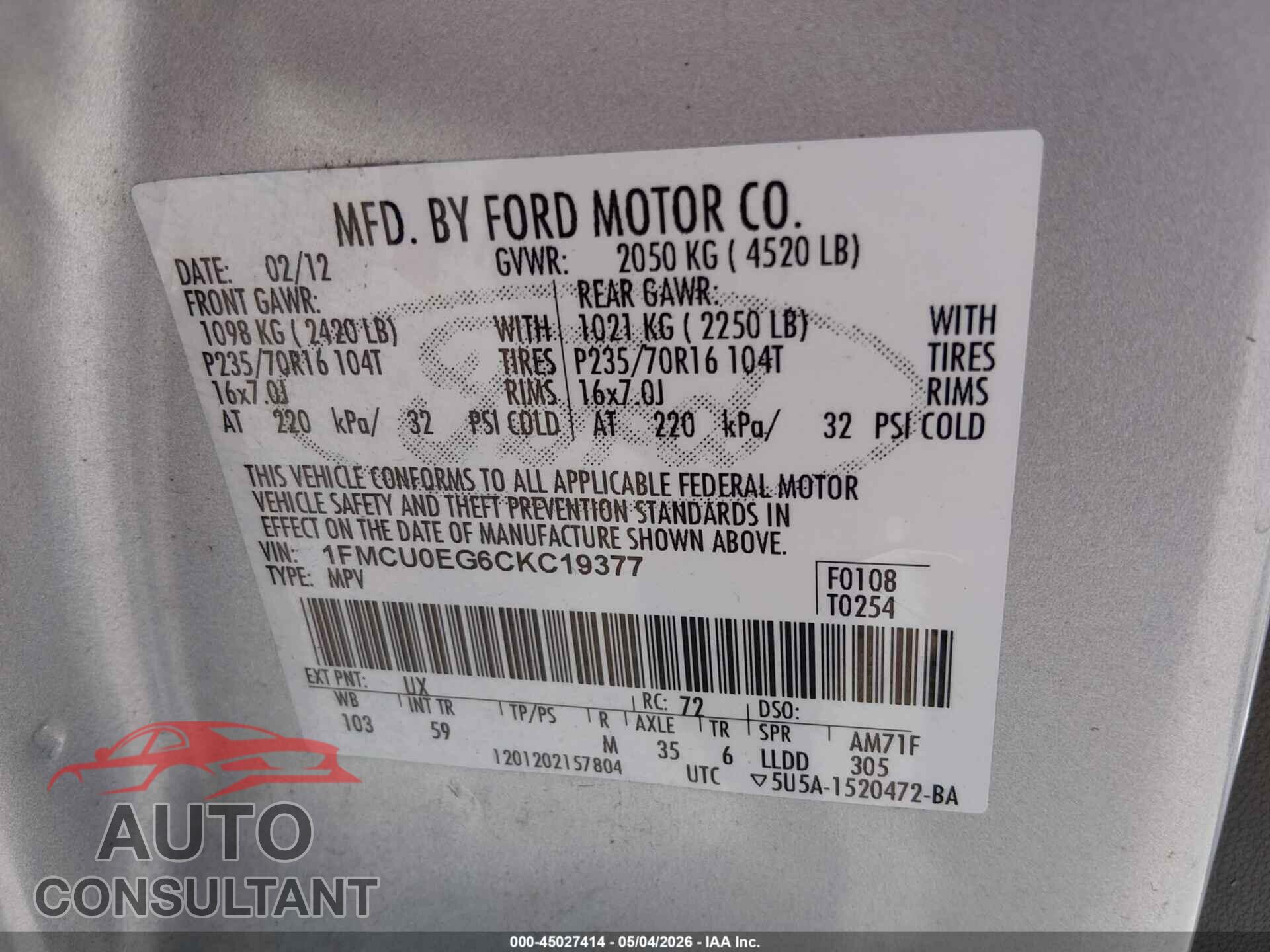 FORD ESCAPE 2012 - 1FMCU0EG6CKC19377