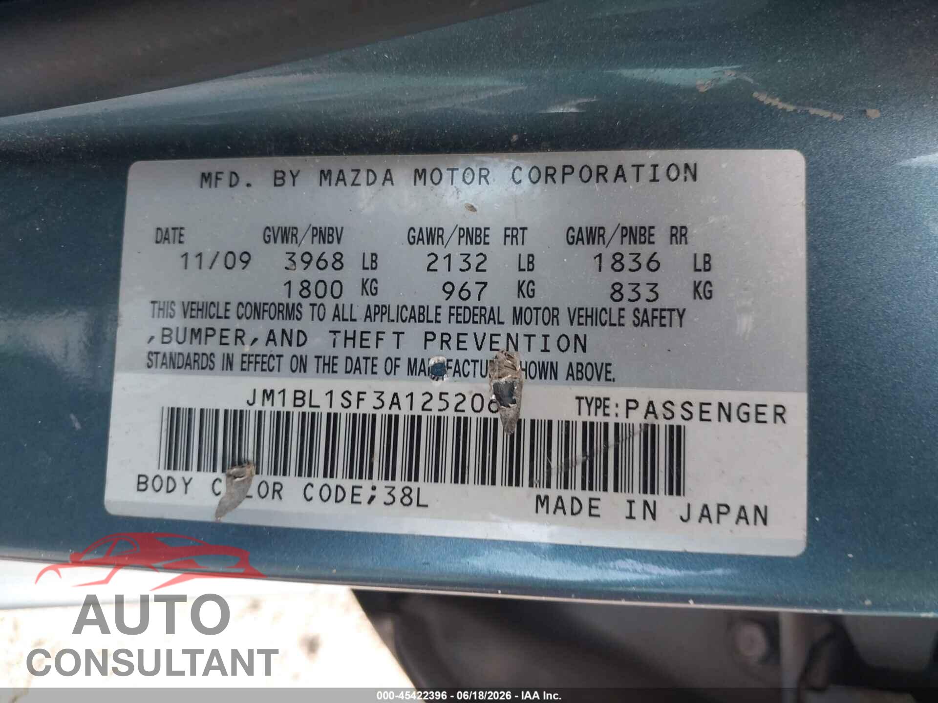 MAZDA MAZDA3 2010 - JM1BL1SF3A1252067