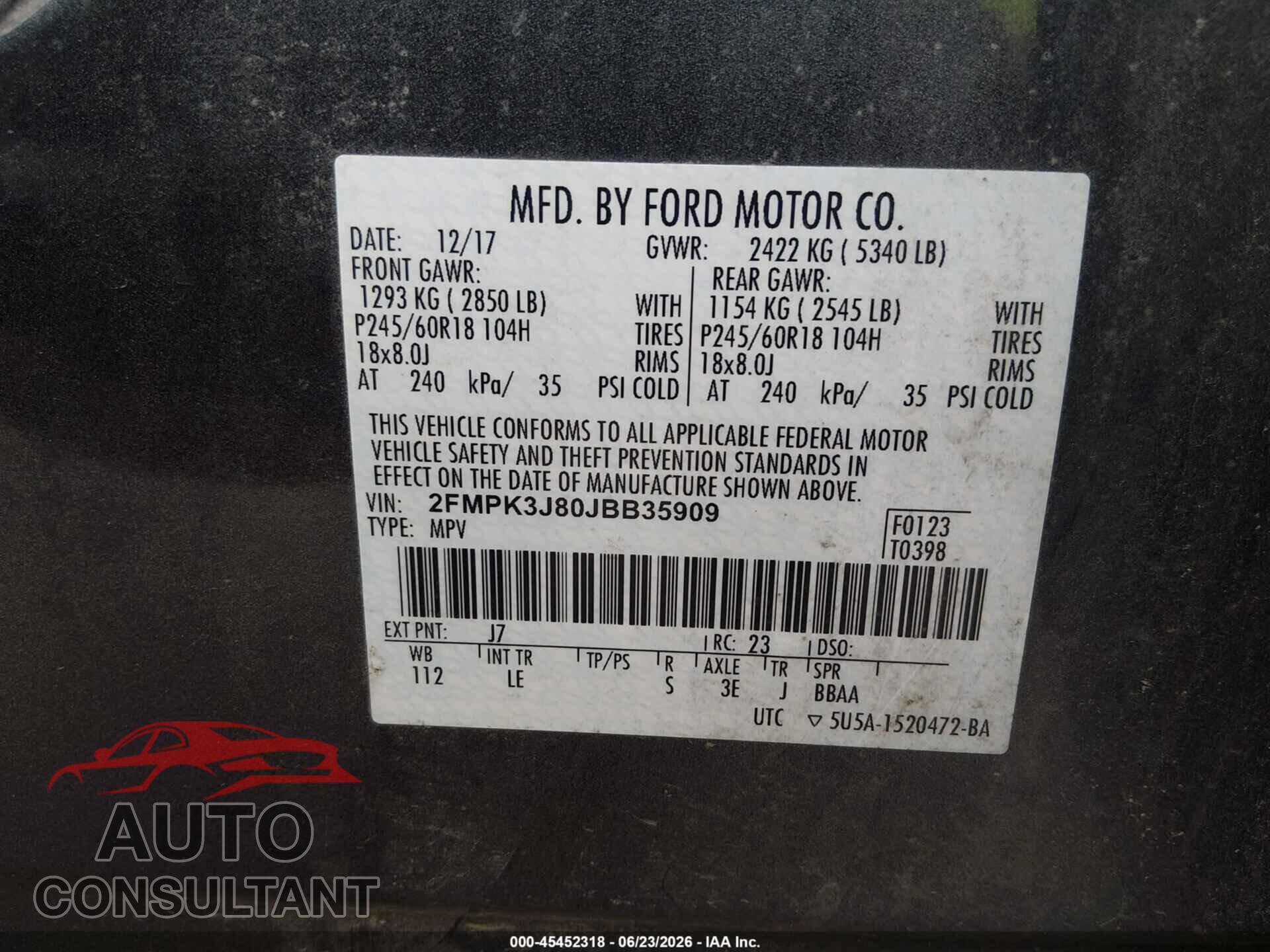 FORD EDGE 2018 - 2FMPK3J80JBB35909