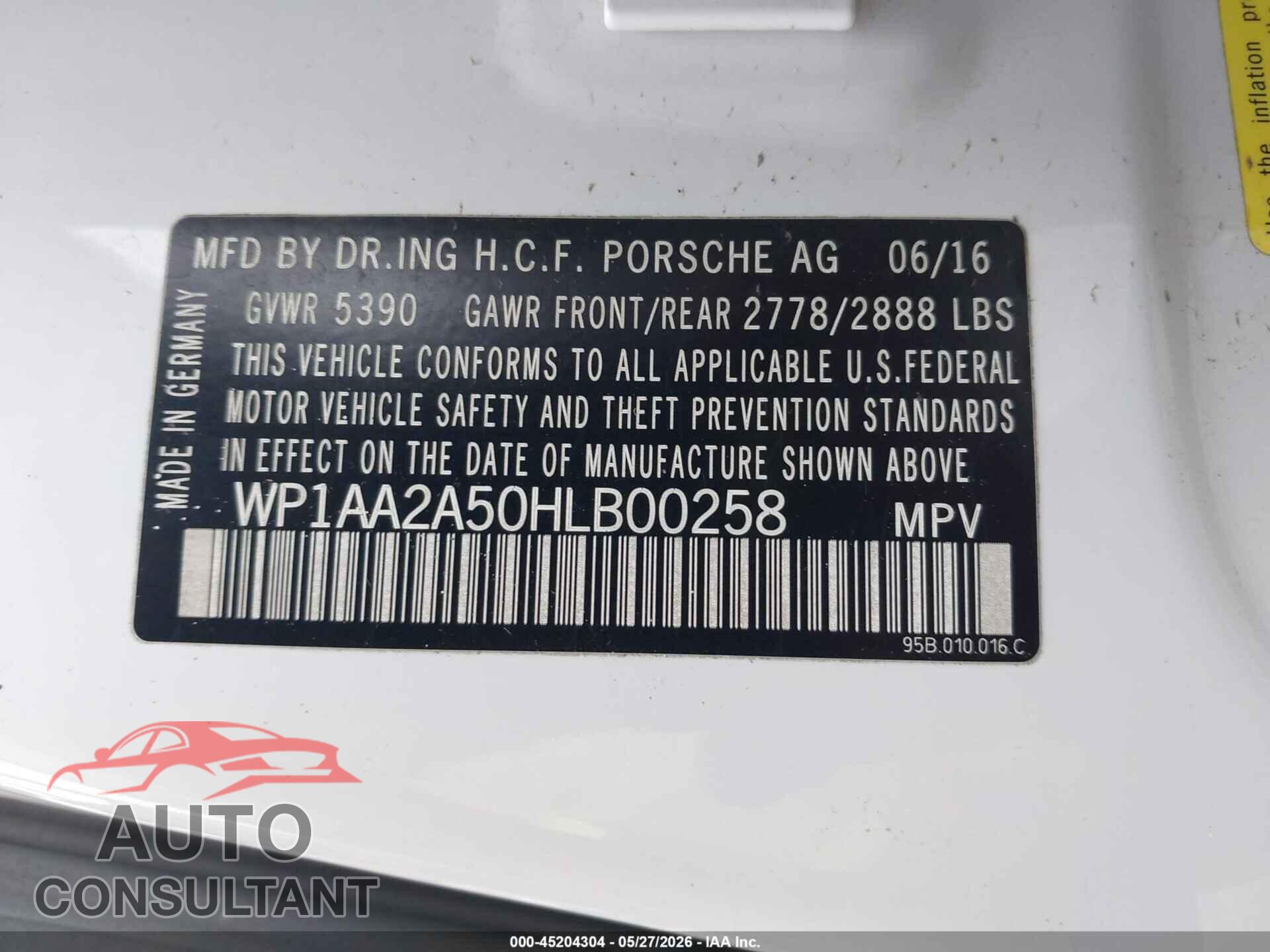 PORSCHE MACAN 2017 - WP1AA2A50HLB00258
