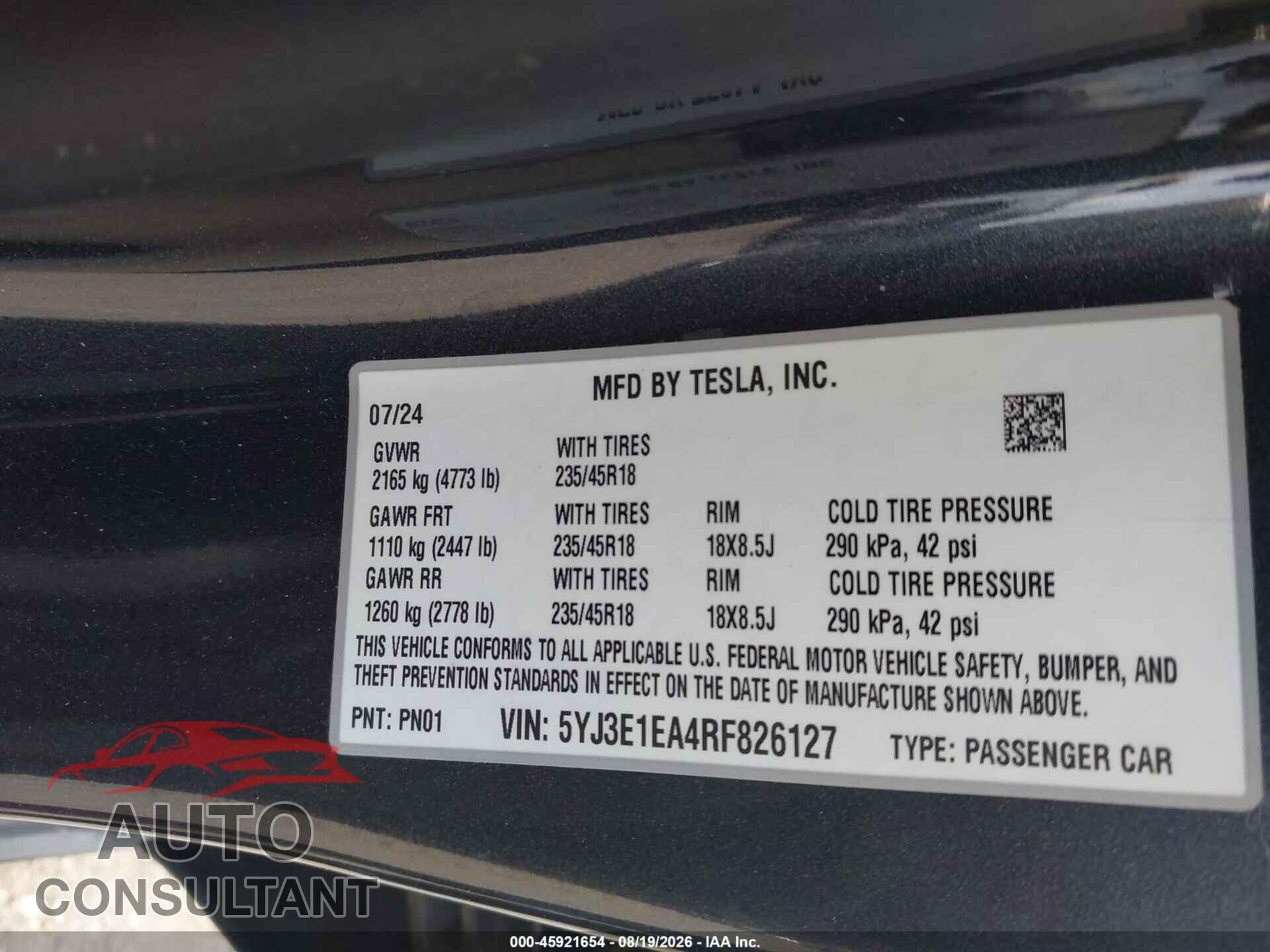 TESLA MODEL 3 2024 - 5YJ3E1EA4RF826127