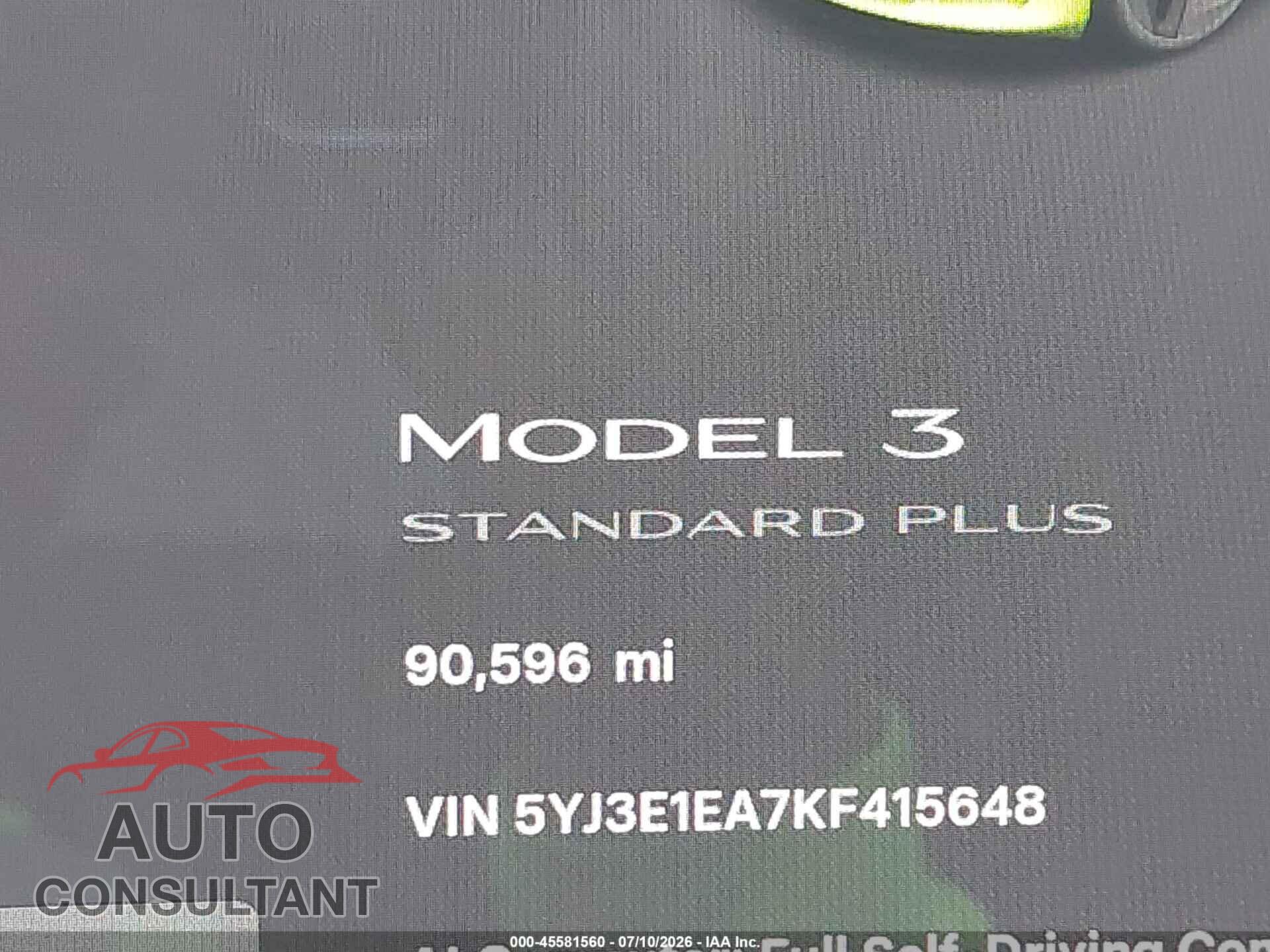 TESLA MODEL 3 2019 - 5YJ3E1EA7KF415648