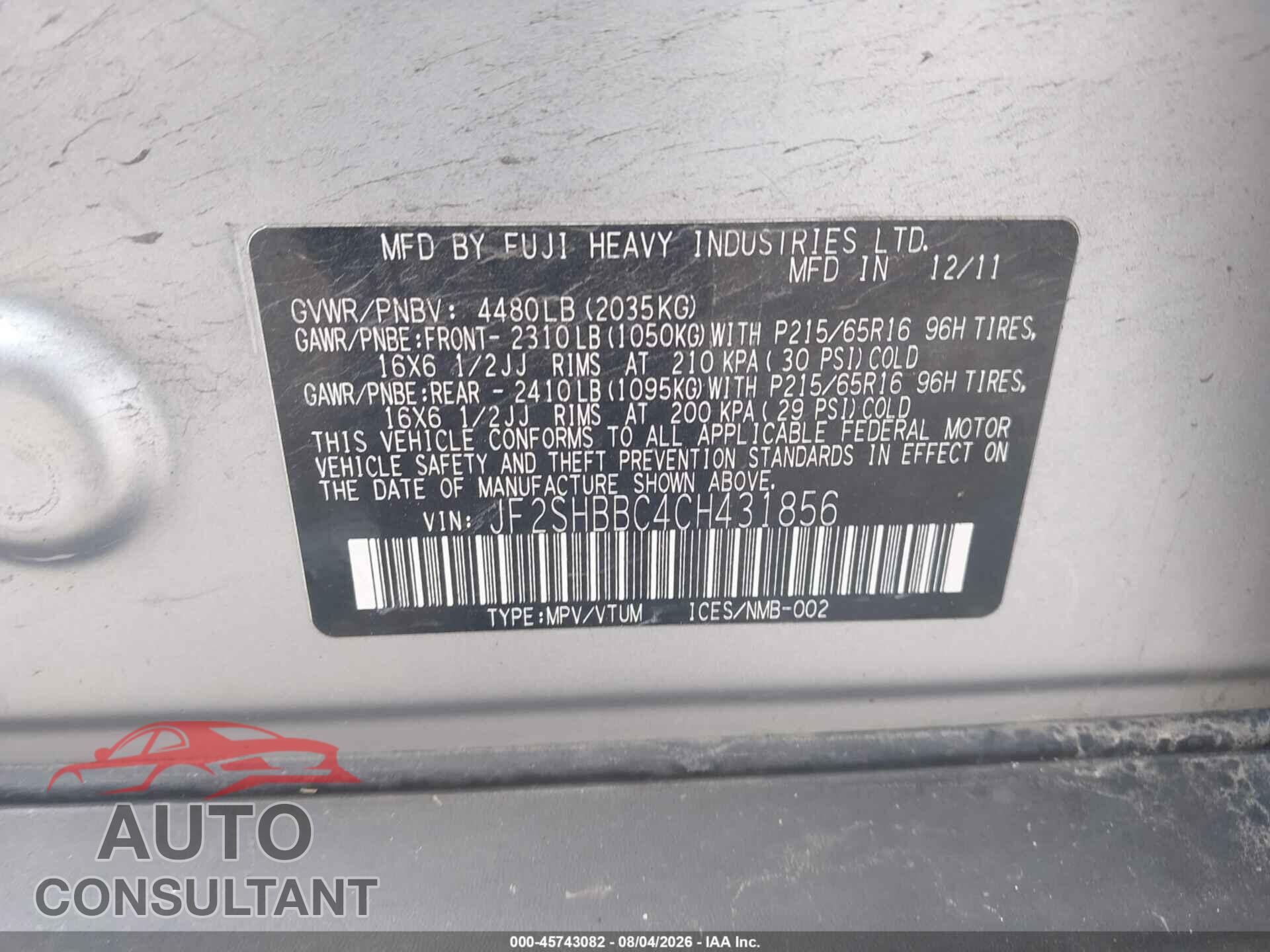 SUBARU FORESTER 2012 - JF2SHBBC4CH431856