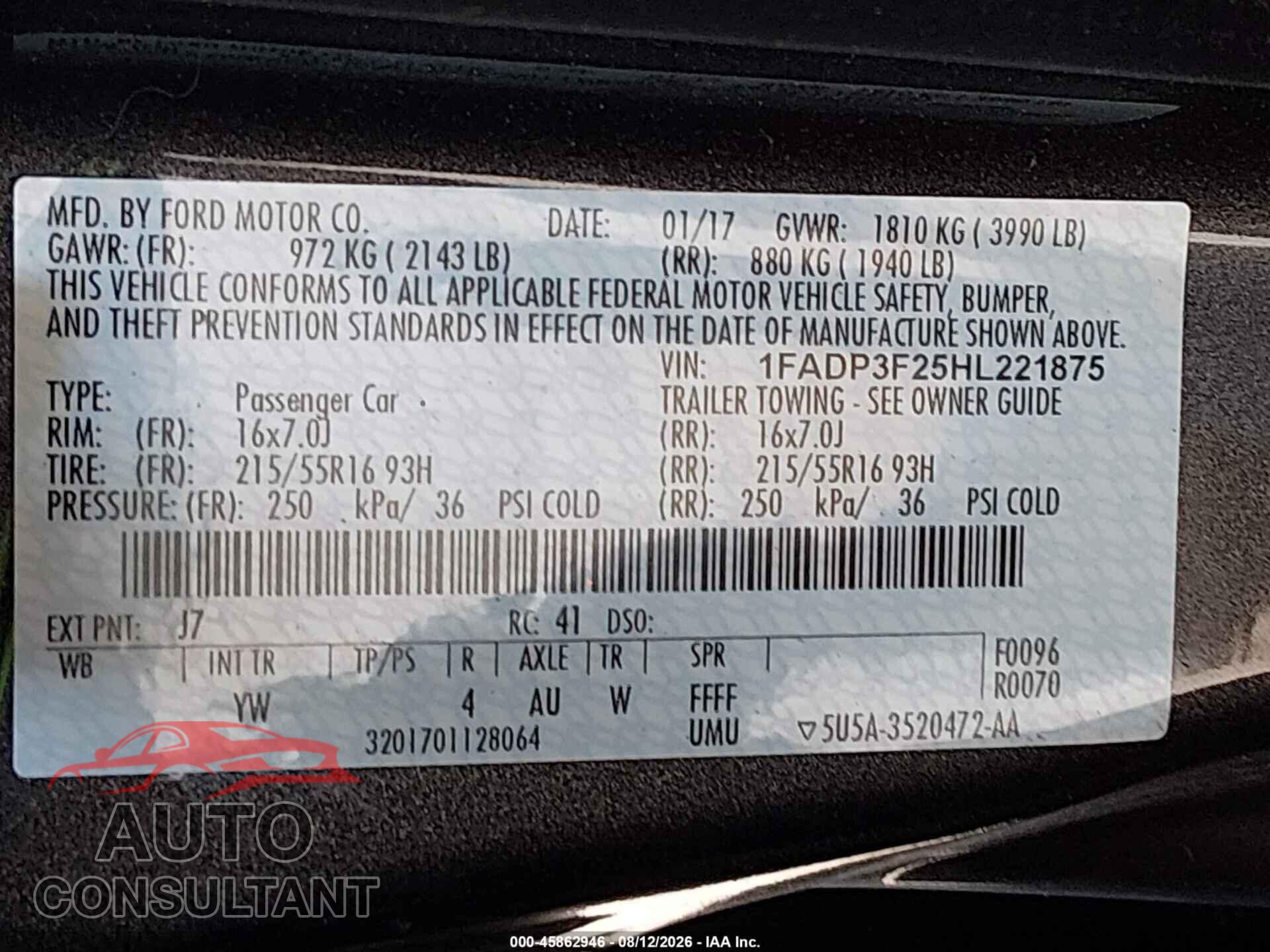 FORD FOCUS 2017 - 1FADP3F25HL221875