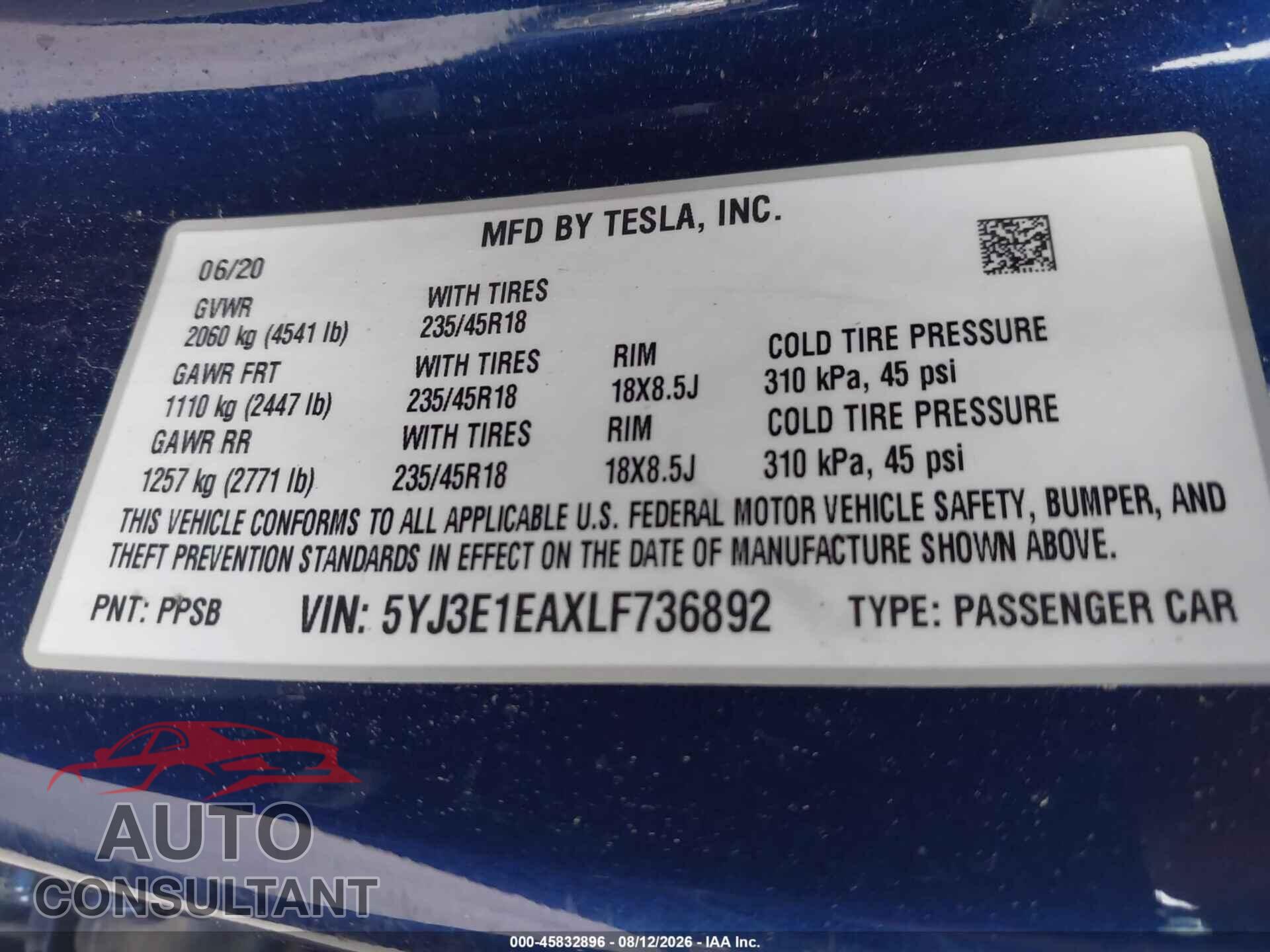 TESLA MODEL 3 2020 - 5YJ3E1EAXLF736892