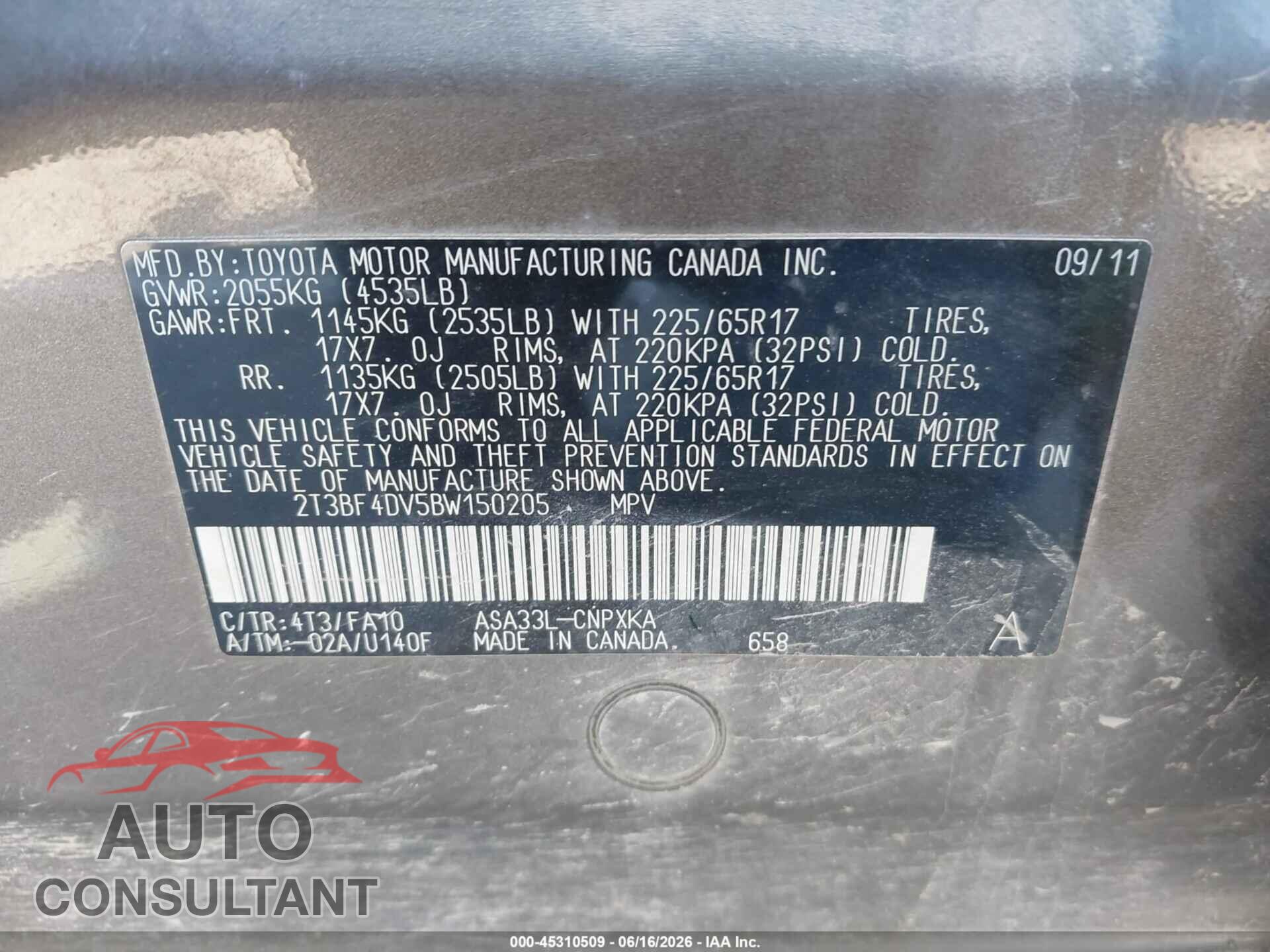TOYOTA RAV4 2011 - 2T3BF4DV5BW150205