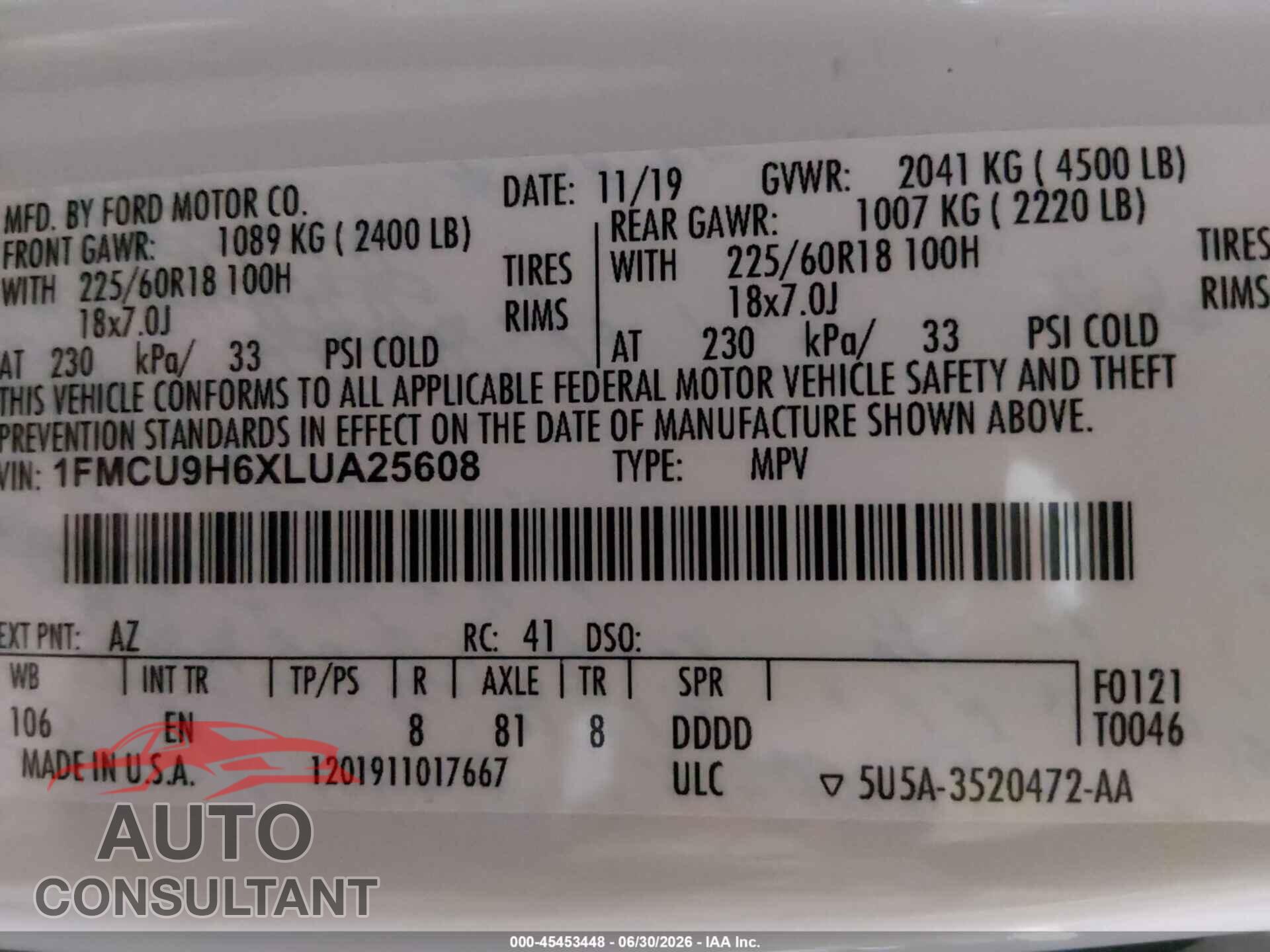 FORD ESCAPE 2020 - 1FMCU9H6XLUA25608