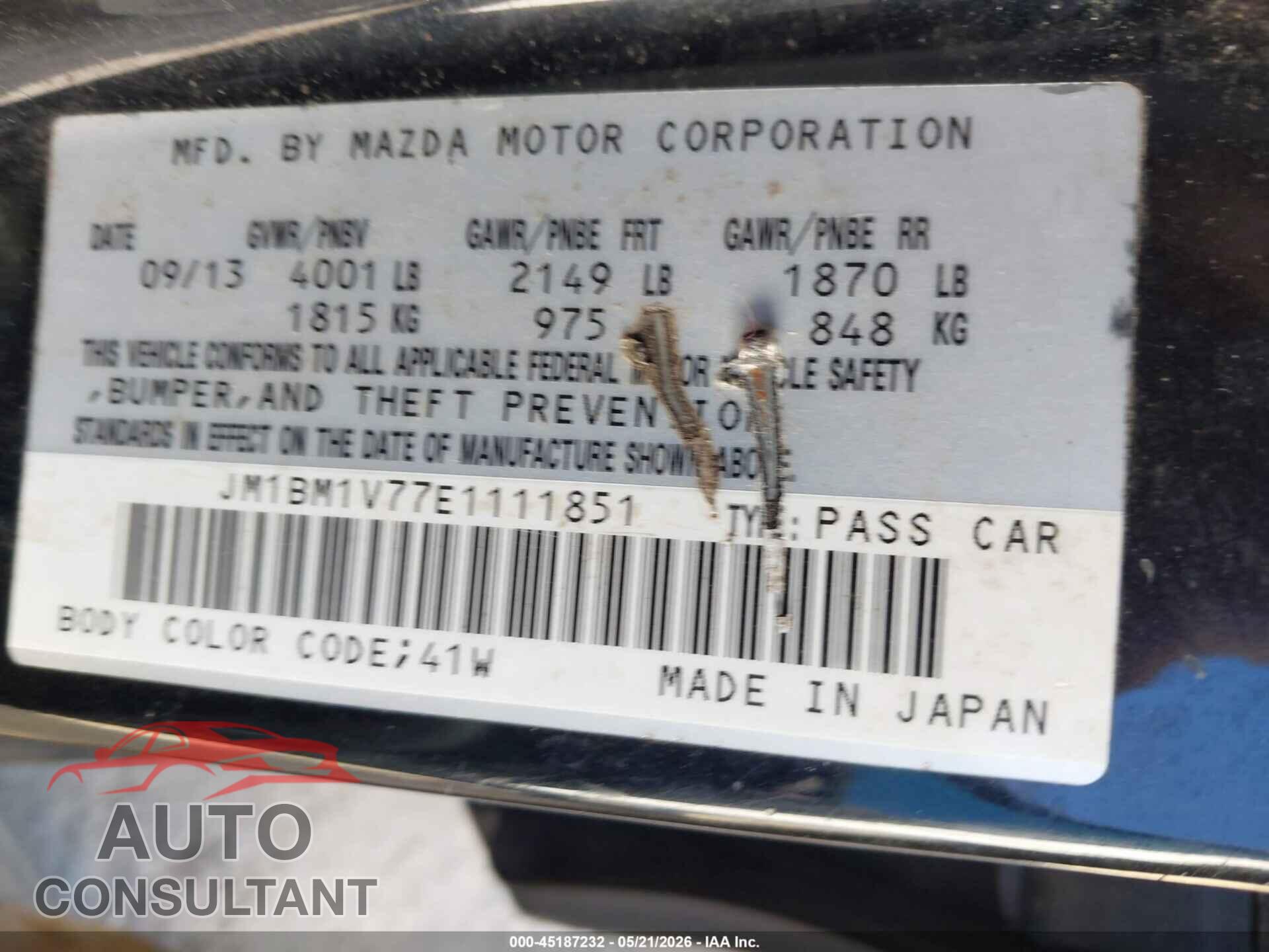 MAZDA MAZDA3 2014 - JM1BM1V77E1111851