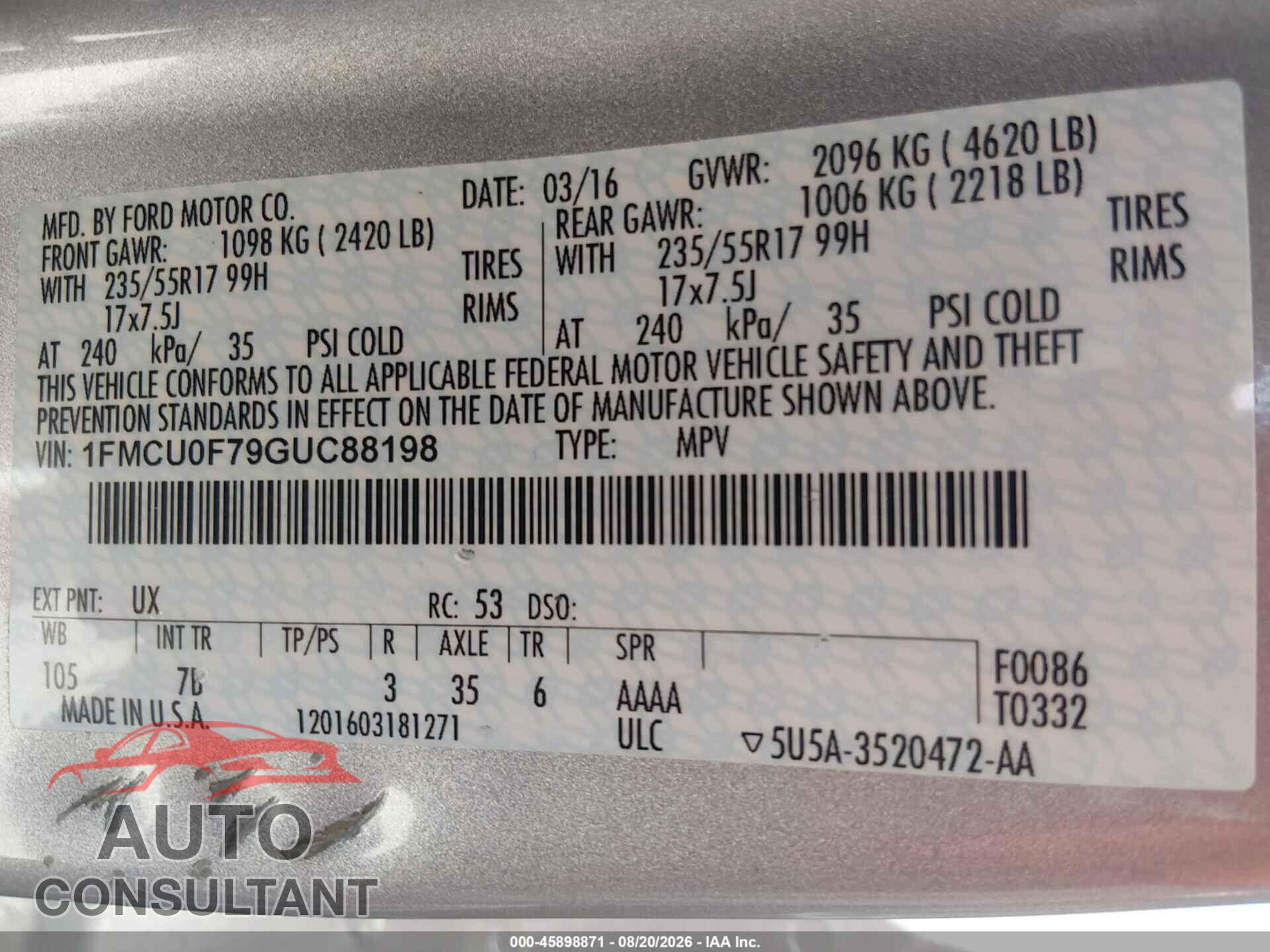 FORD ESCAPE 2016 - 1FMCU0F79GUC88198