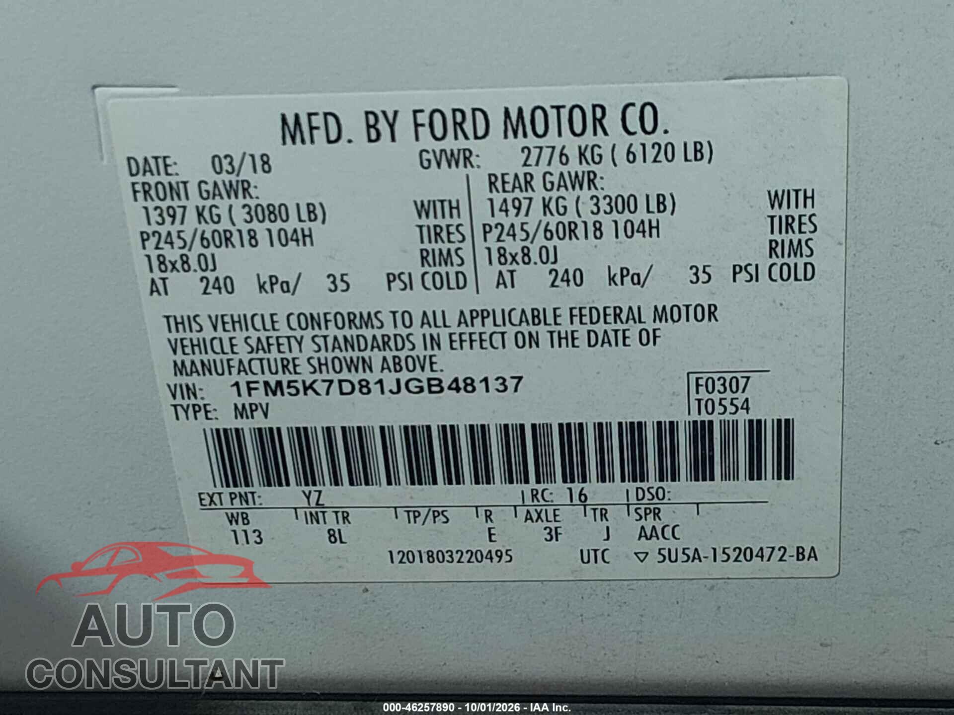 FORD EXPLORER 2018 - 1FM5K7D81JGB48137