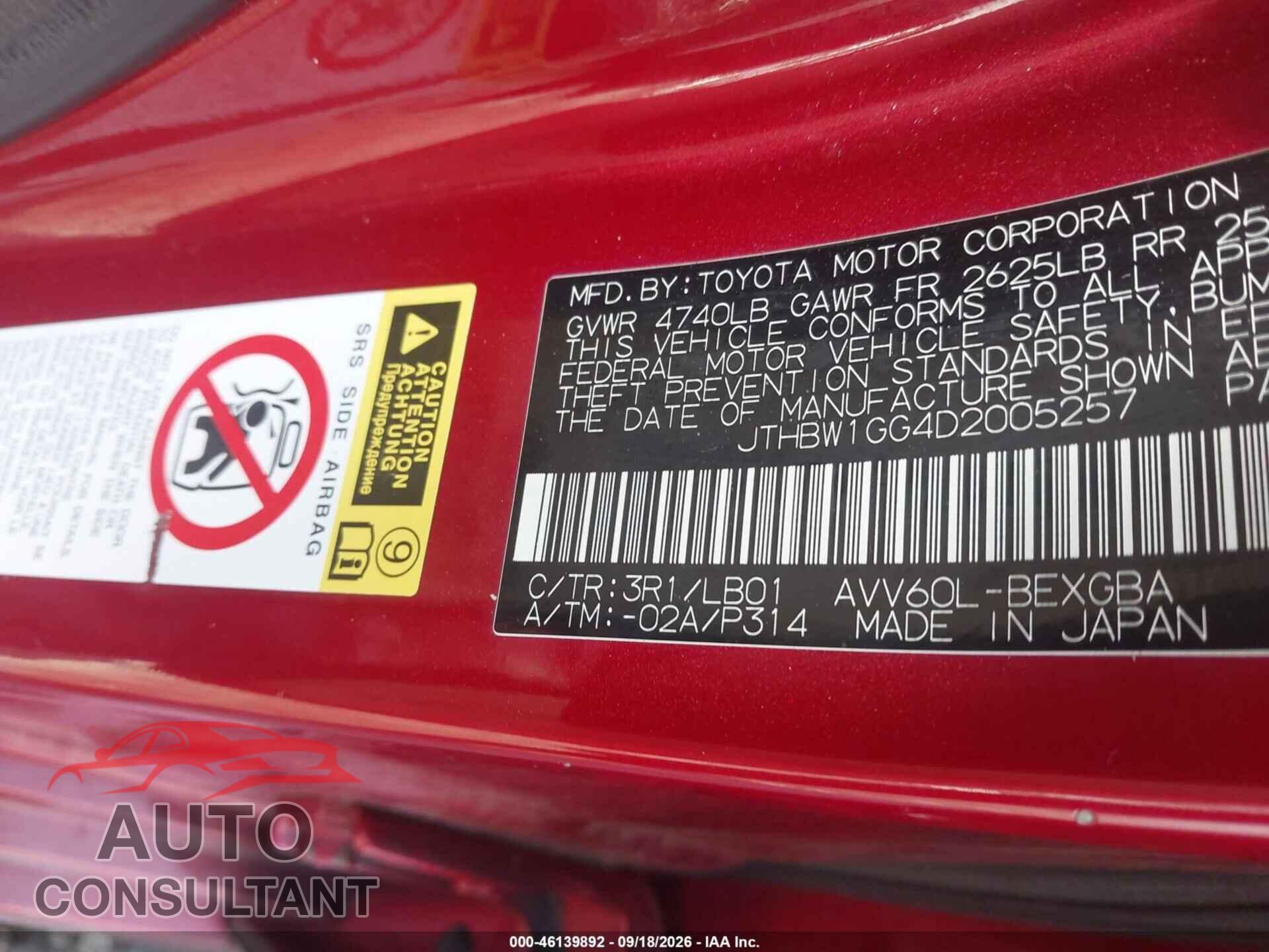 LEXUS ES 300H 2013 - JTHBW1GG4D2005257