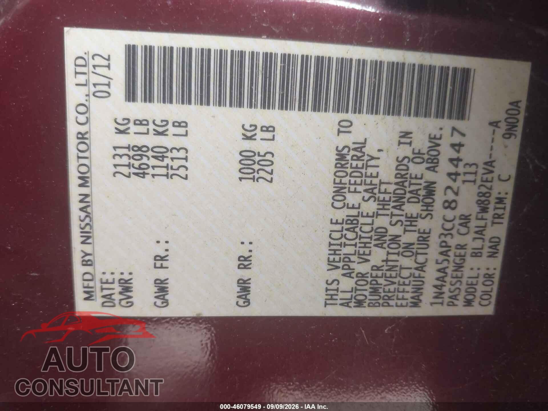 NISSAN MAXIMA 2012 - 1N4AA5AP3CC824447