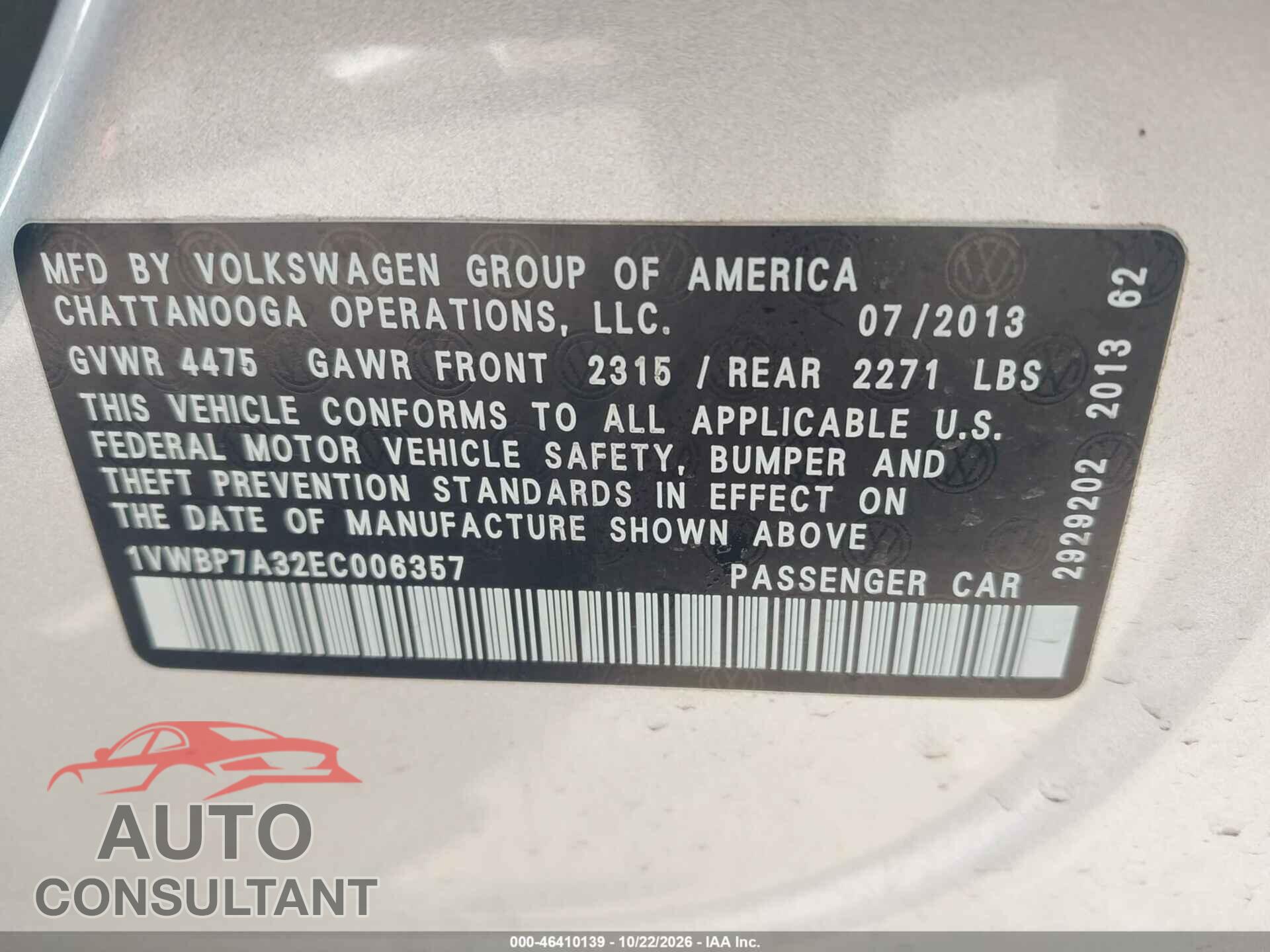 VOLKSWAGEN PASSAT 2014 - 1VWBP7A32EC006357