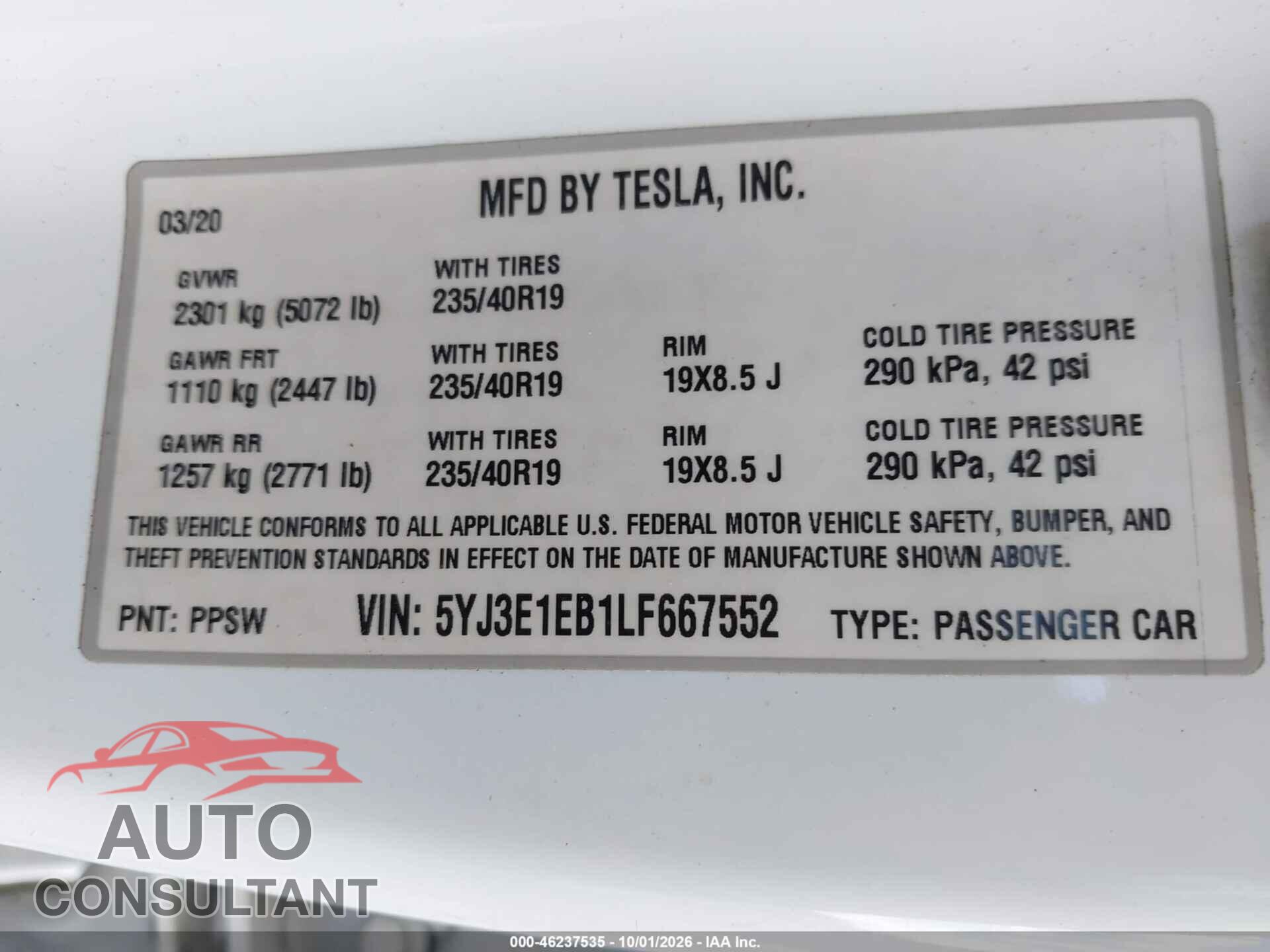 TESLA MODEL 3 2020 - 5YJ3E1EB1LF667552