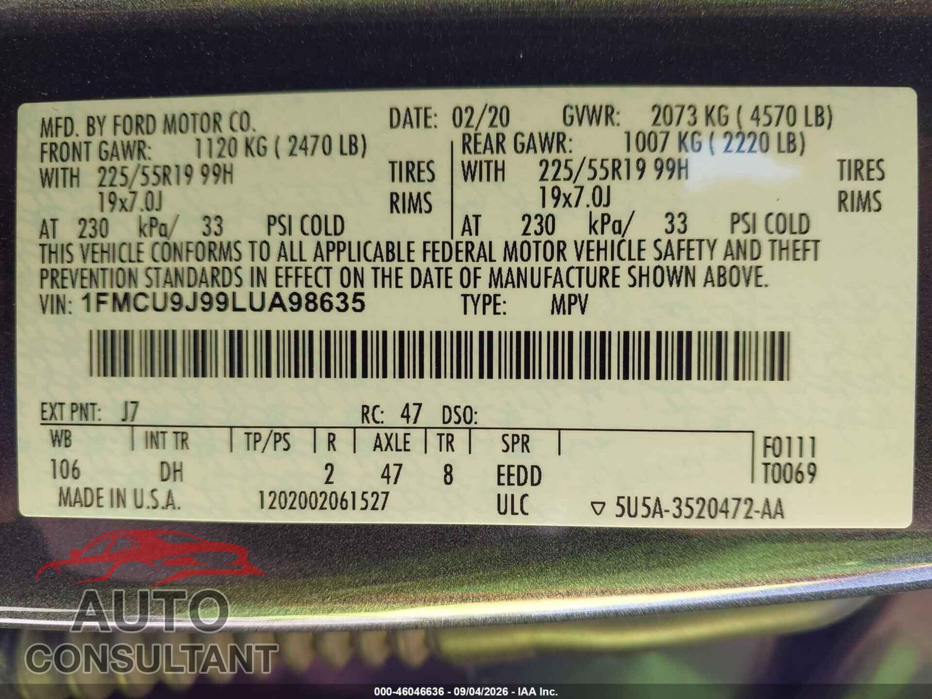 FORD ESCAPE 2020 - 1FMCU9J99LUA98635
