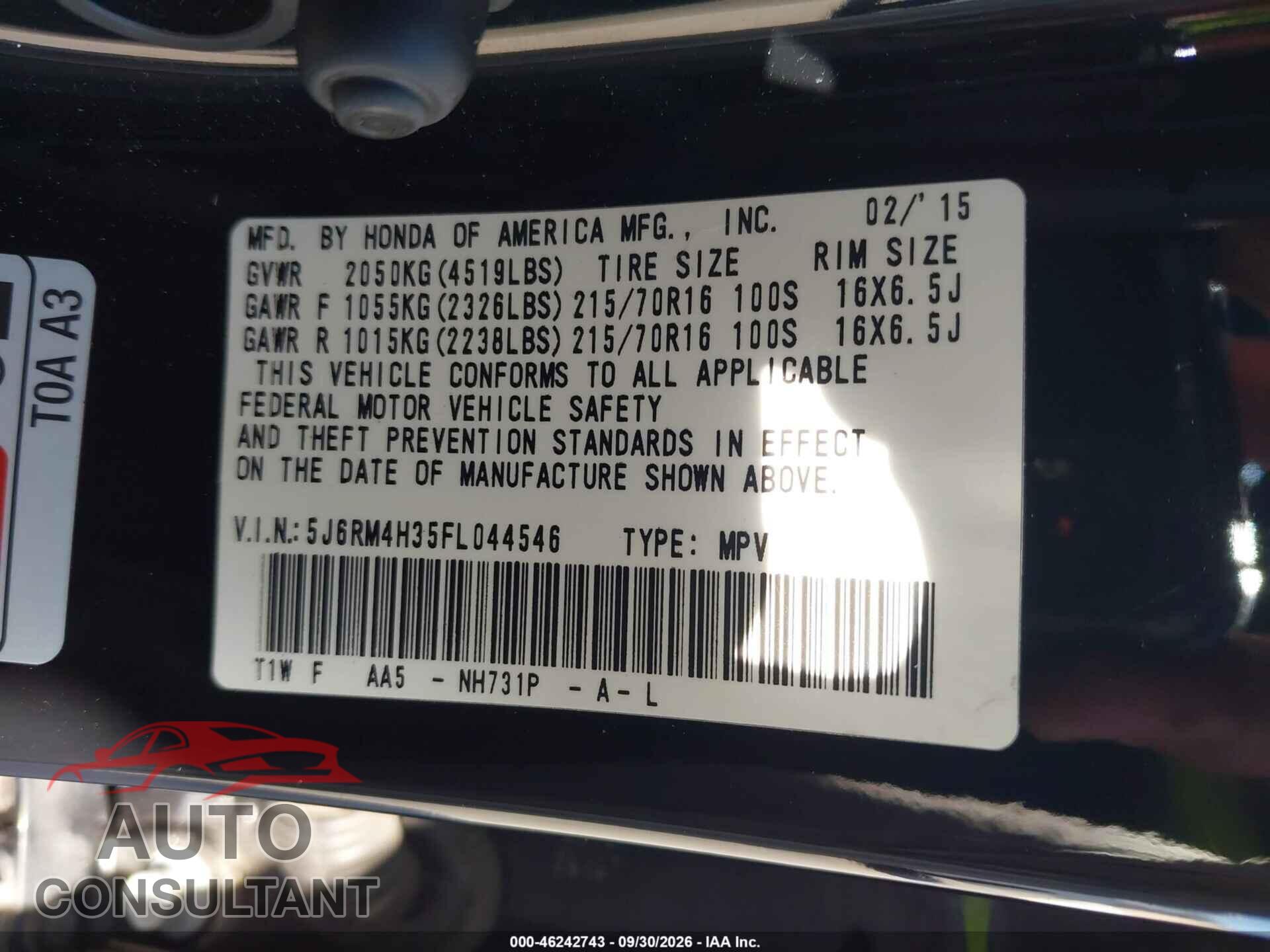 HONDA CR-V 2015 - 5J6RM4H35FL044546