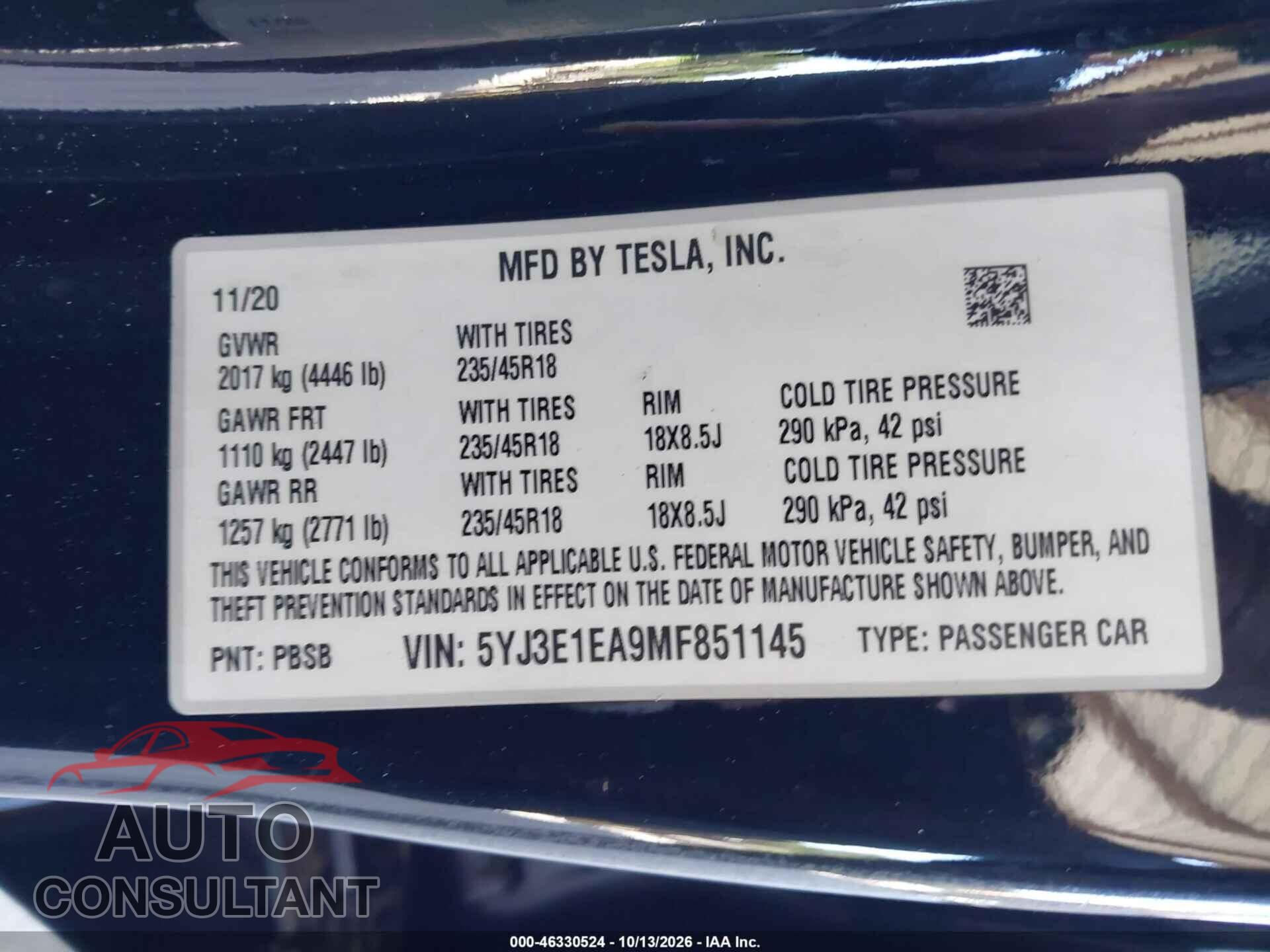 TESLA MODEL 3 2021 - 5YJ3E1EA9MF851145