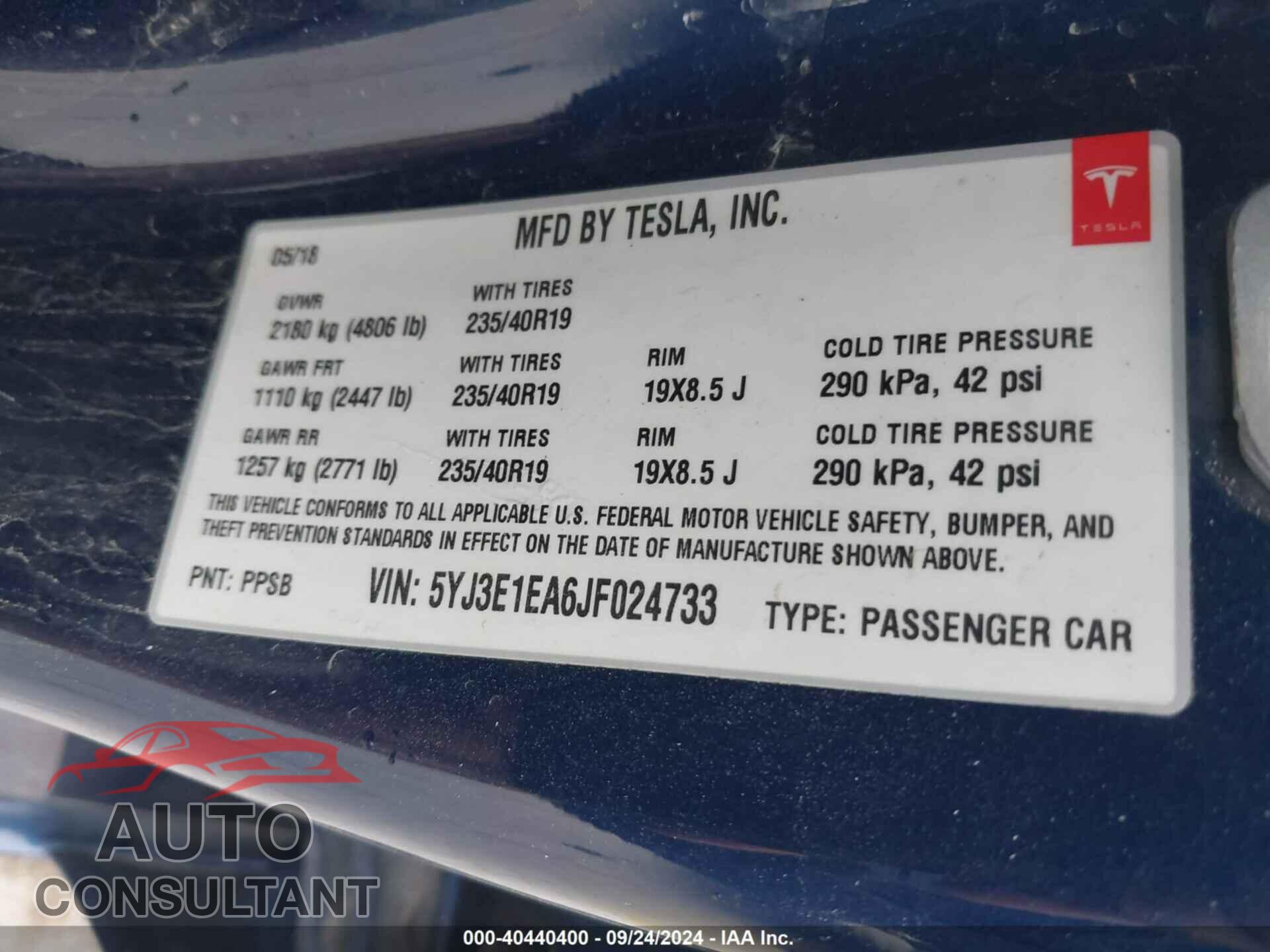 TESLA MODEL 3 2018 - 5YJ3E1EA6JF024733