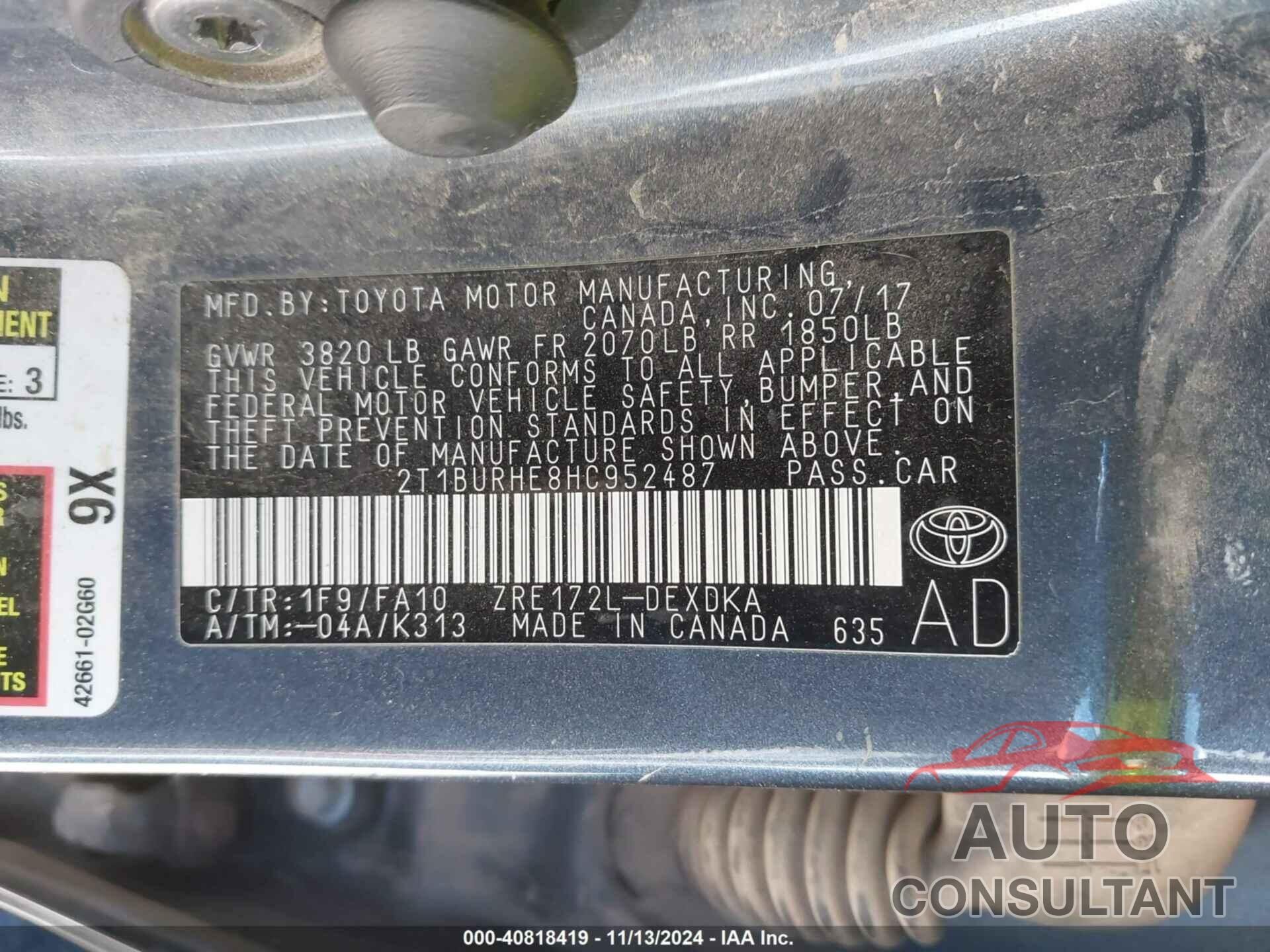 TOYOTA COROLLA 2017 - 2T1BURHE8HC952487