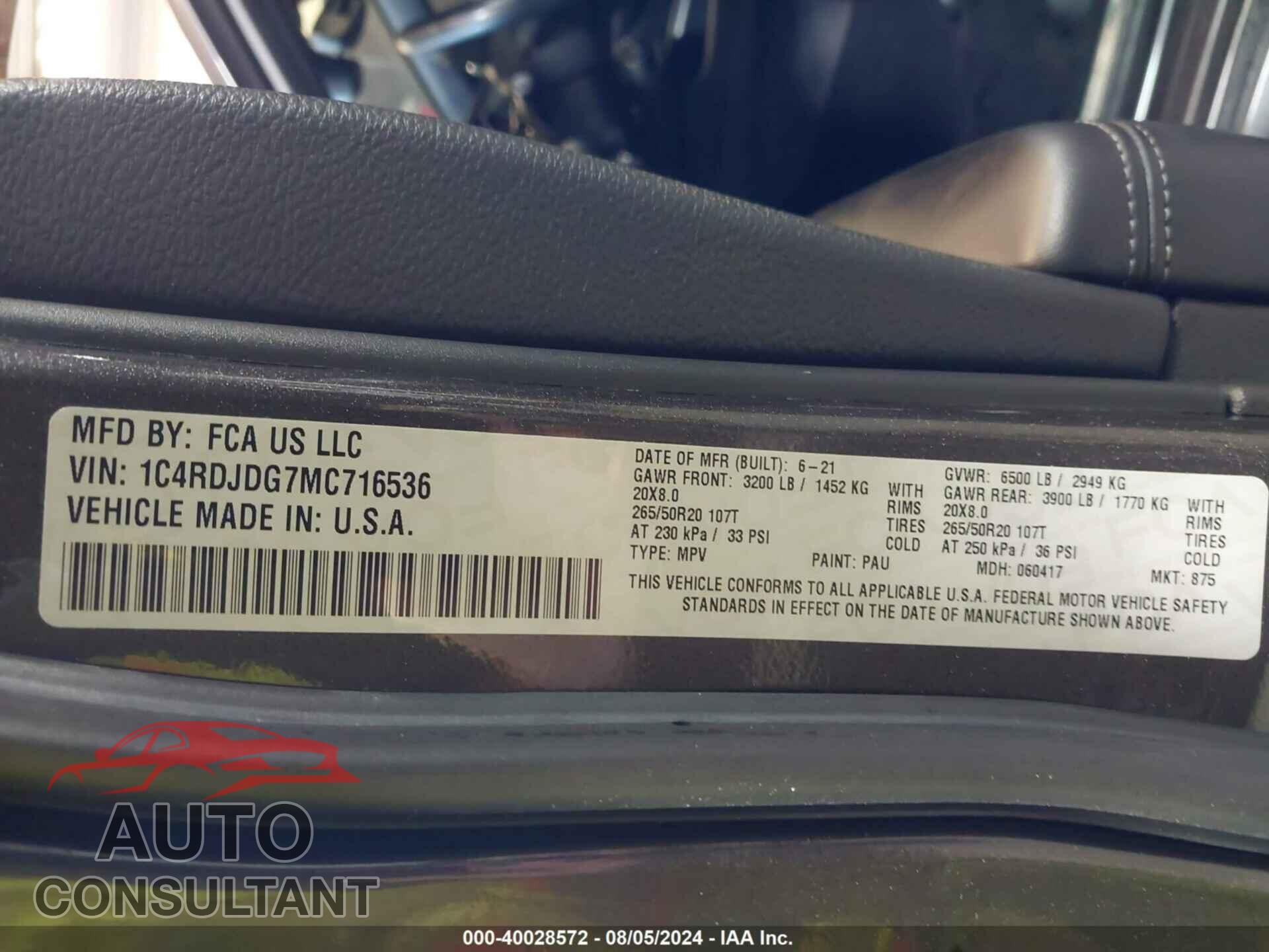 DODGE DURANGO 2021 - 1C4RDJDG7MC716536