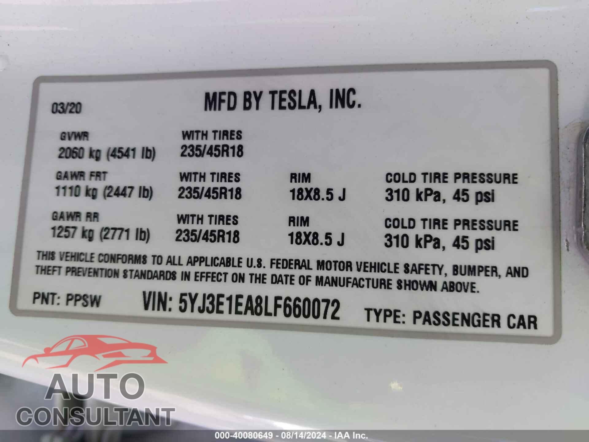 TESLA MODEL 3 2020 - 5YJ3E1EA8LF660072