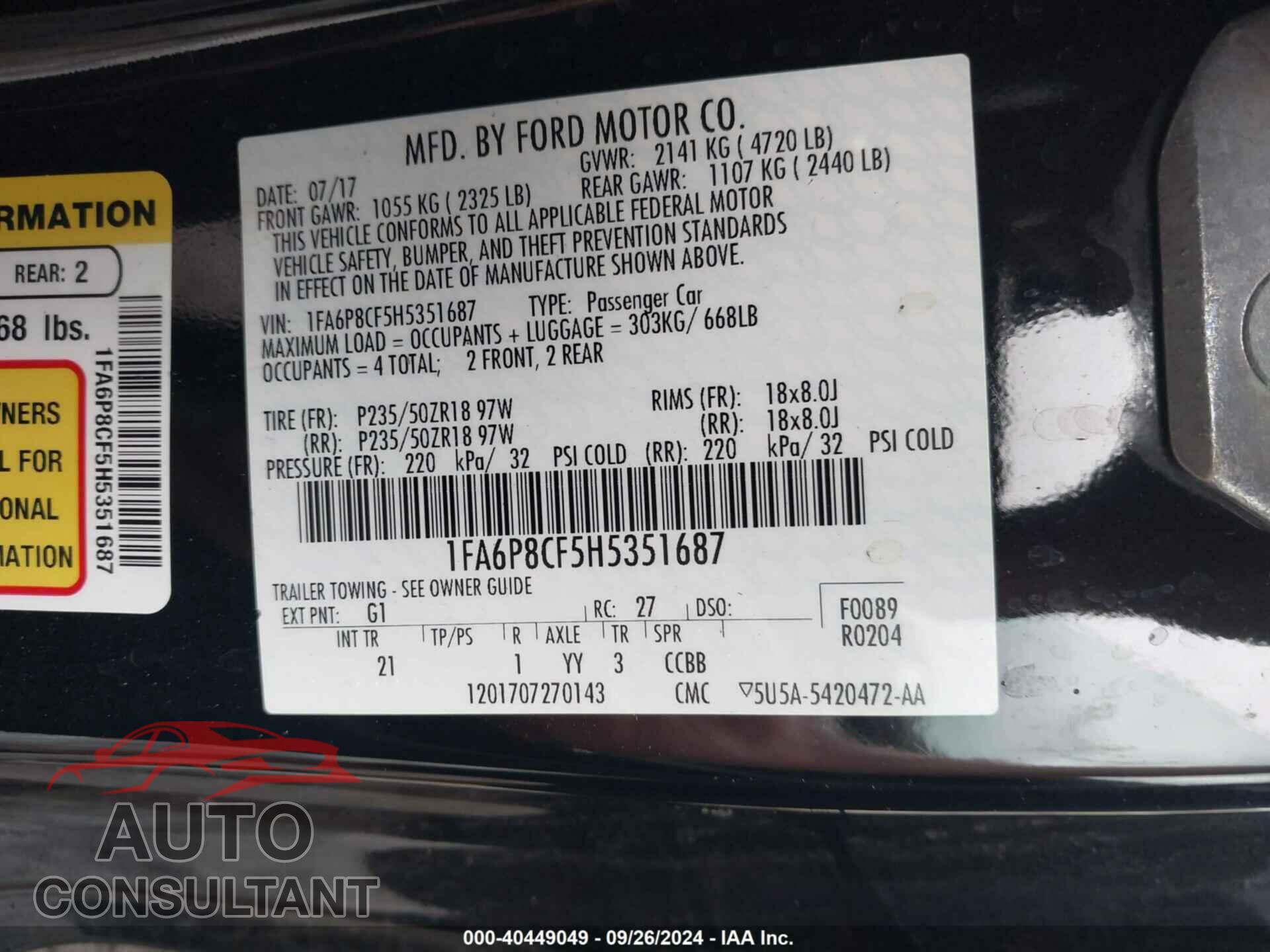 FORD MUSTANG 2017 - 1FA6P8CF5H5351687
