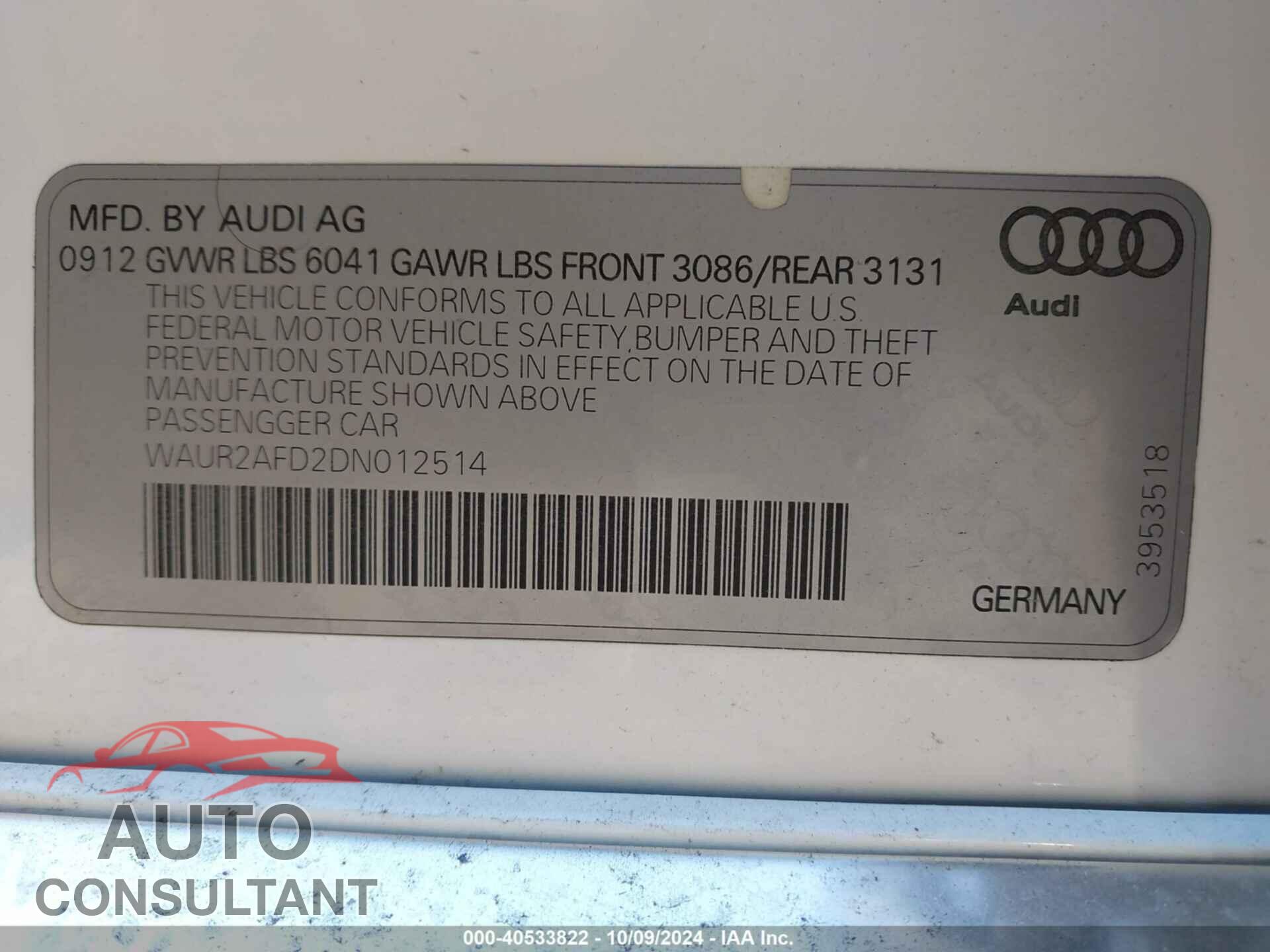 AUDI A8 L 2013 - WAUR2AFD2DN012514