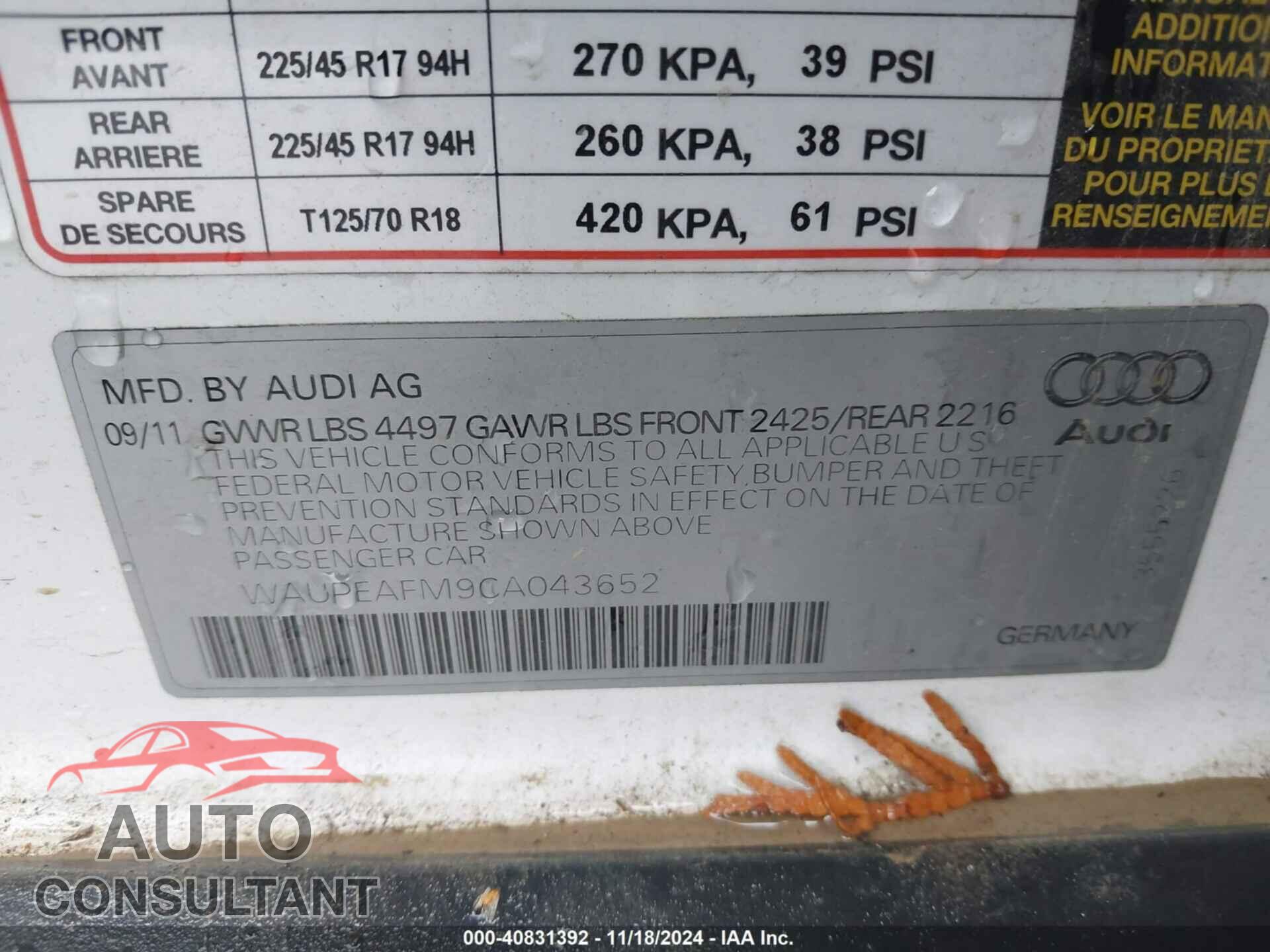 AUDI A3 2012 - WAUPEAFM9CA043652
