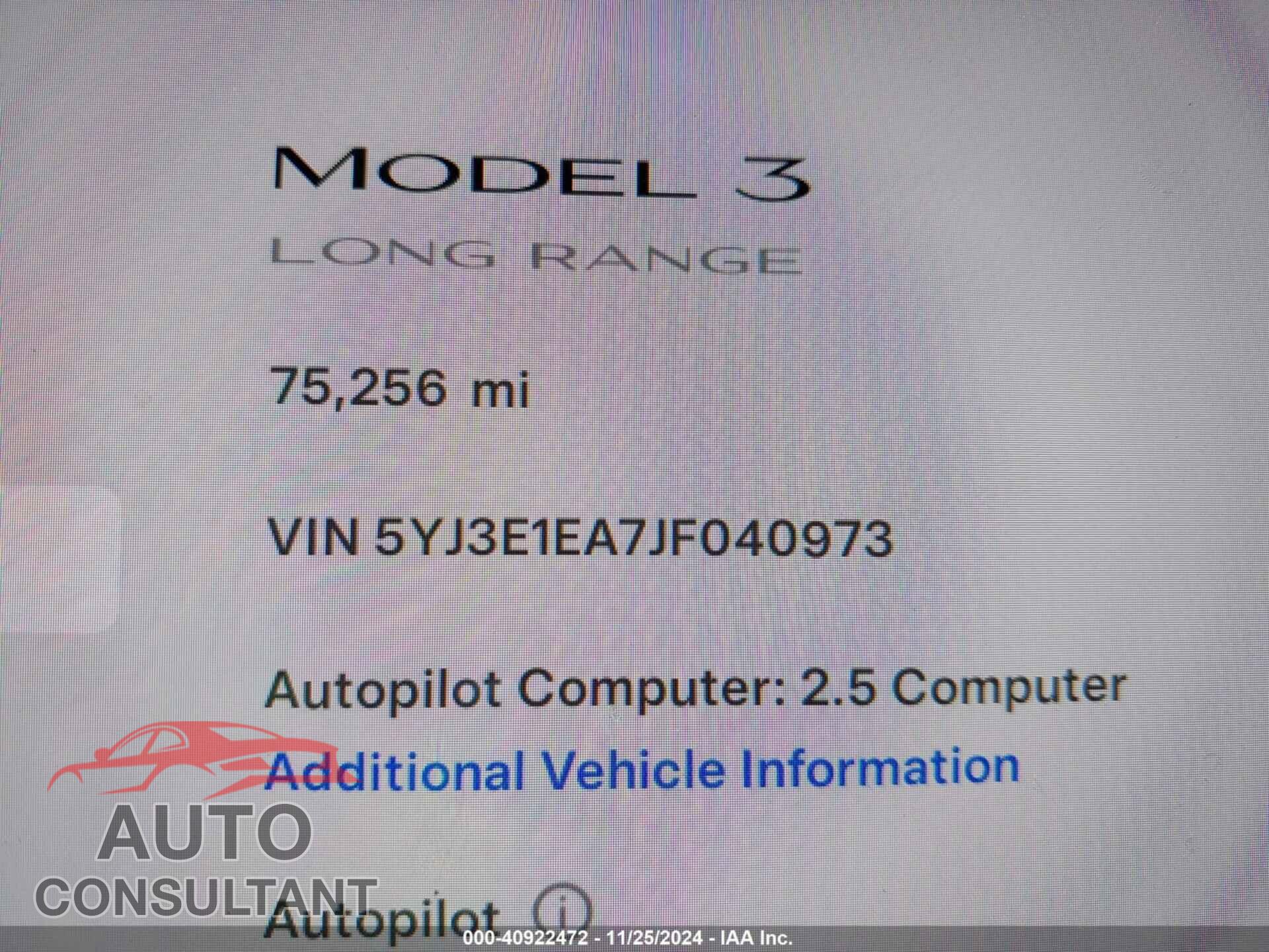 TESLA MODEL 3 2018 - 5YJ3E1EA7JF040973