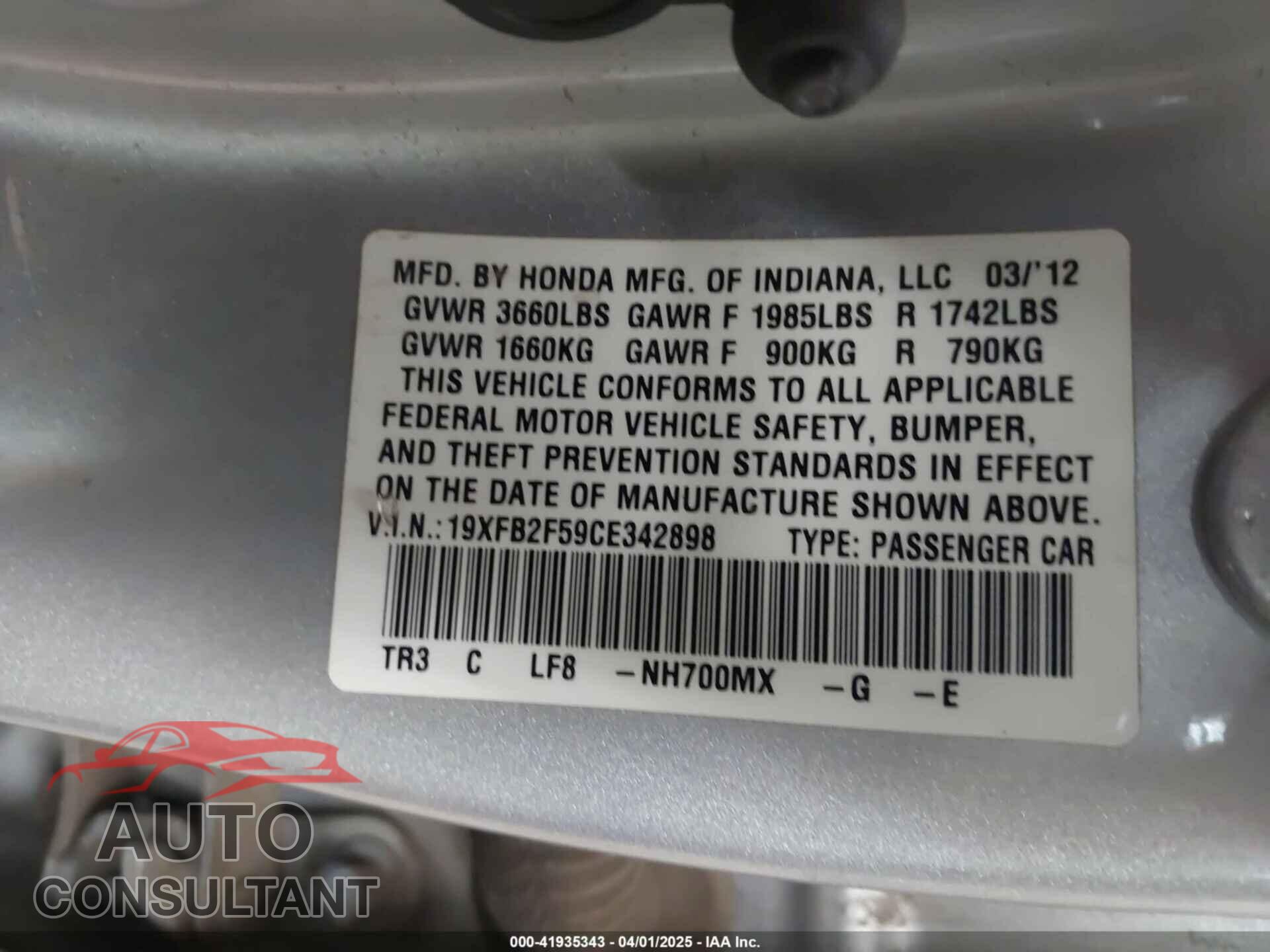 HONDA CIVIC 2012 - 19XFB2F59CE342898