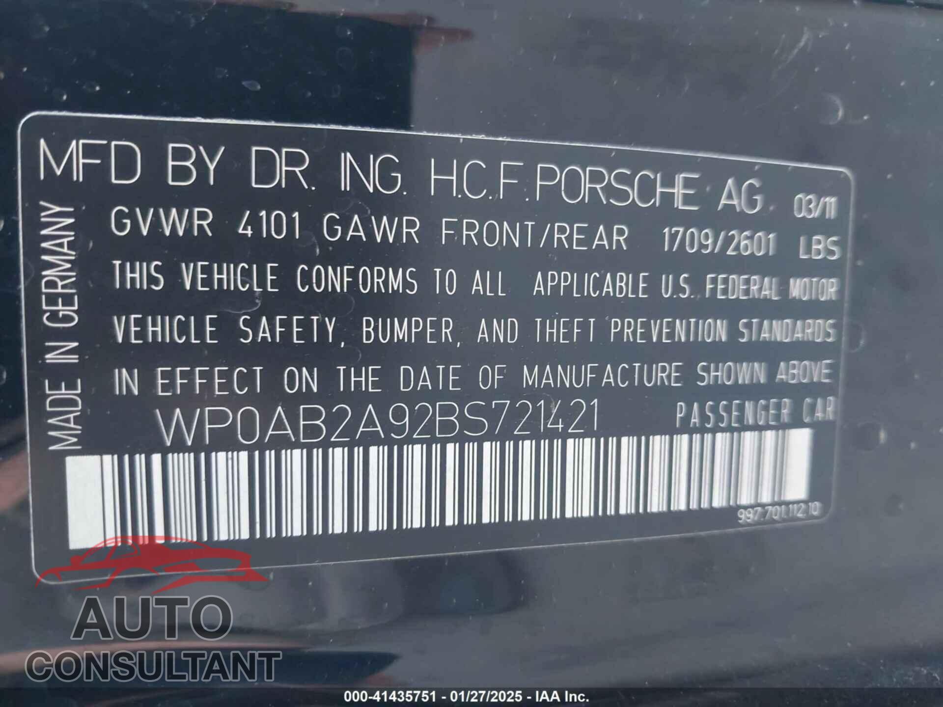 PORSCHE 911 2011 - WP0AB2A92BS721421