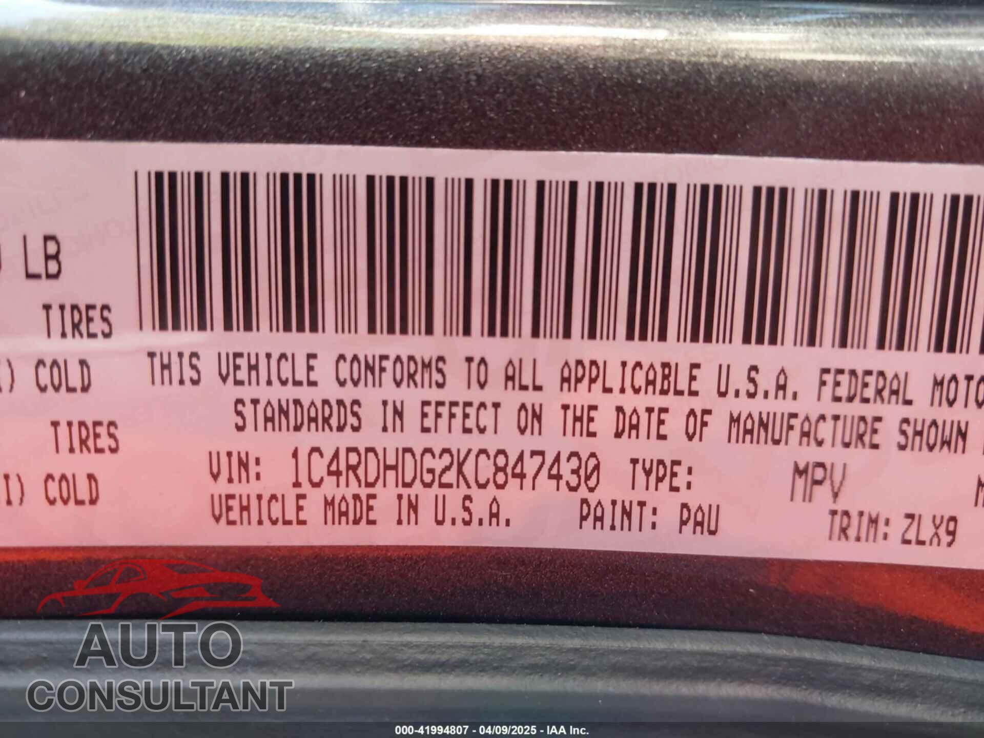 DODGE DURANGO 2019 - 1C4RDHDG2KC847430